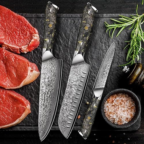 Miniatura 5 de KEENZO Juego de cuchillos de chef de Damasco, juego de cuchillos de cocina profesionales 3 piezas, cuchillo de chef afilado de 8 pulgadas, cuchillo