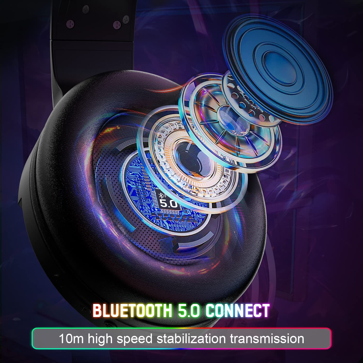 Drahtloses Bluetooth-Headset über dem Ohr, HiFi-Stereo-5.1-Kanal, RGB-LED-Pferderennen mit Hintergrundbeleuchtung, wiederaufladbares leichtes Gaming-Headset mit 1000 mAh und Mikrofon für PC / iPad