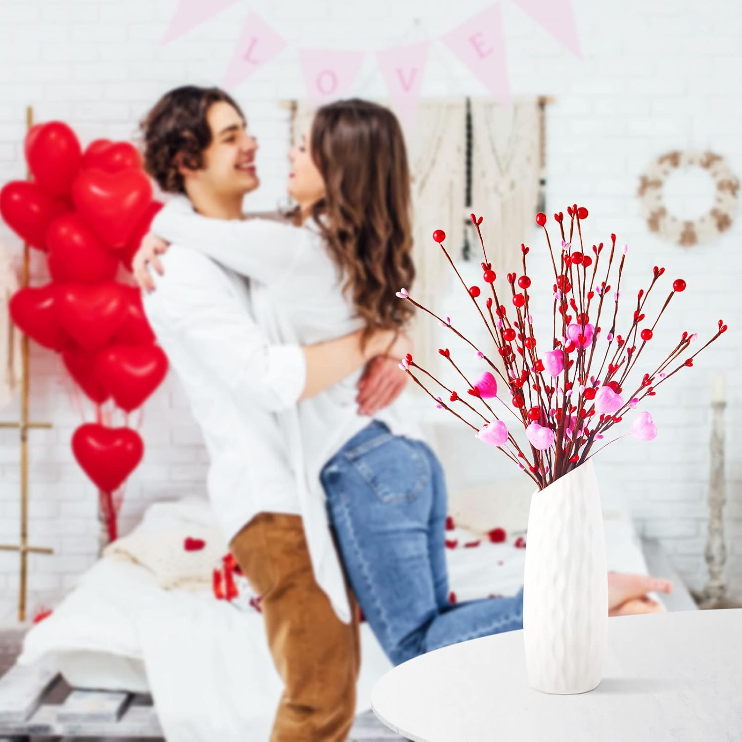 10 Pcs Valentine Artificial Plants Heart Berry Stems 16 Inch Artificial Flowers Twig Stem Heart Bunch Fake Floral Bunch Decorations for Valentine Irish Vase Bouquet and DIY Craft(Valentine Heart)