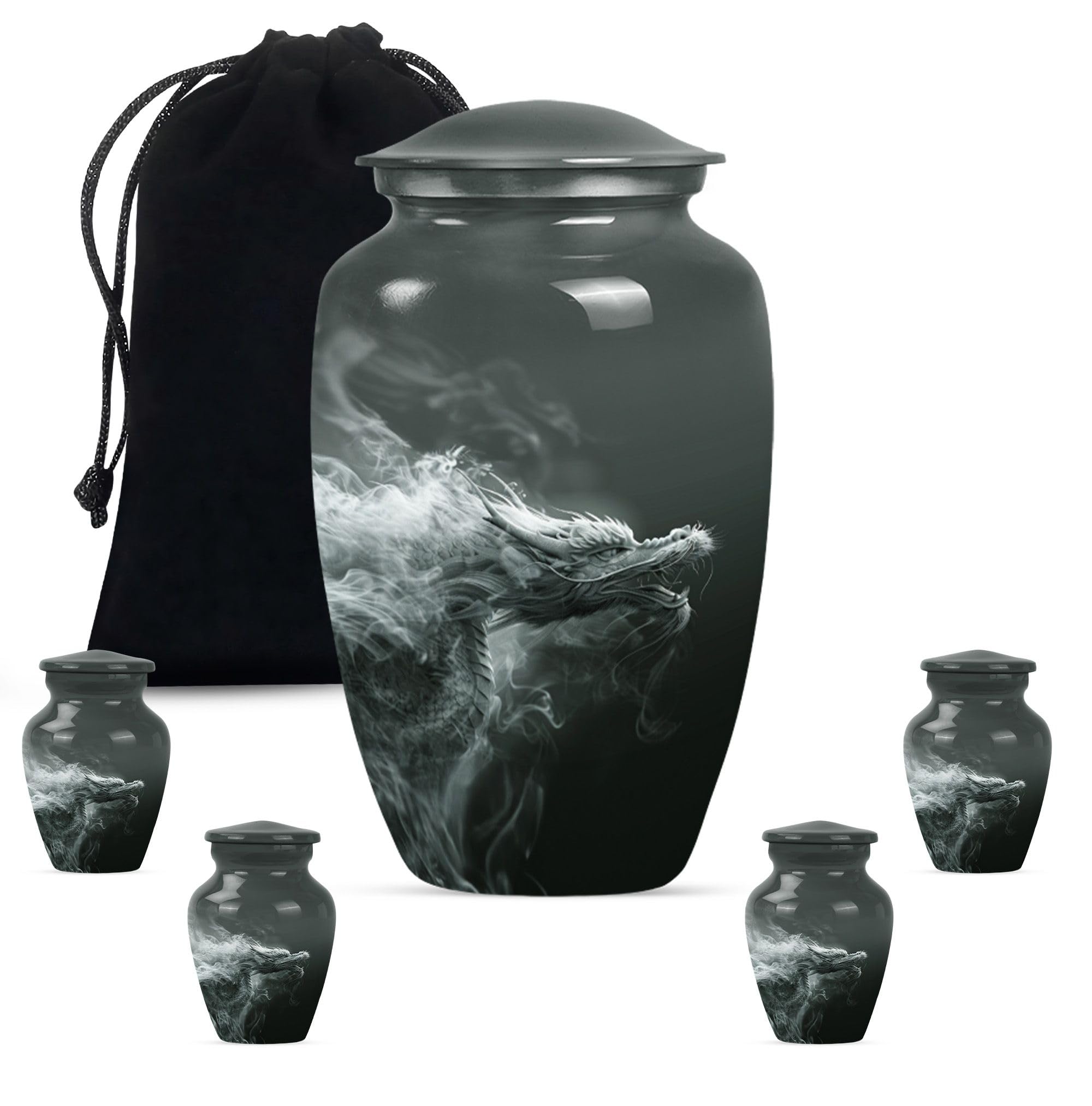 YATHABHISA Dragon Urn, Combo Of 1 Large Urn With Velvet Bag And 4 Small - Human Urns For Mom And Dad - Memorial Urn - Metal Urn - Funeral Ash Urns - Minimalist Urns - Adult Cremation Urn