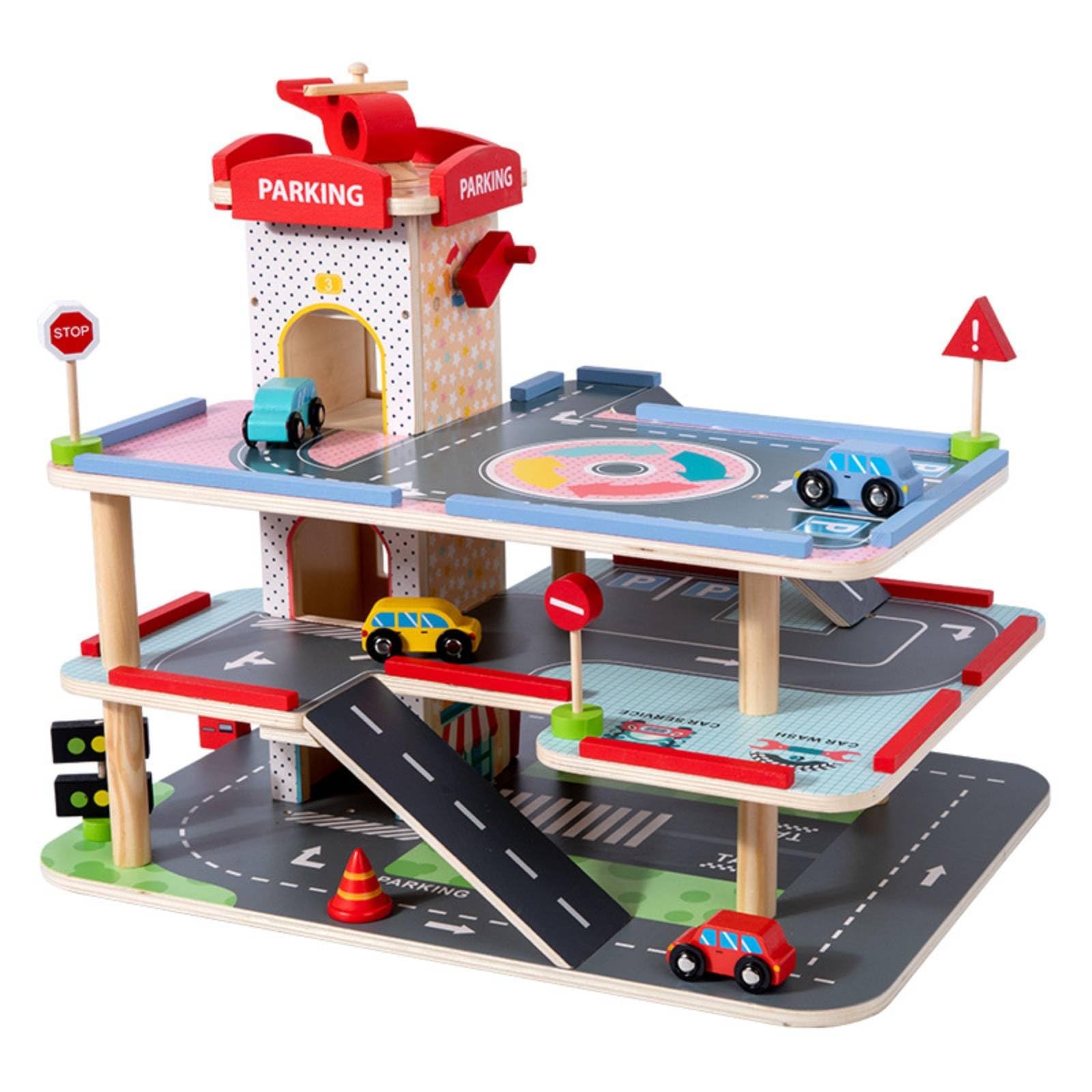 predolo Parking Jouet en Bois avec Ascenseur, Garage en Bois à 3 Niveaux, Parking Jouet Interactif, Multiples Accessoires Inclus, pour Enfants dès 3 Ans, M-Parking Centre