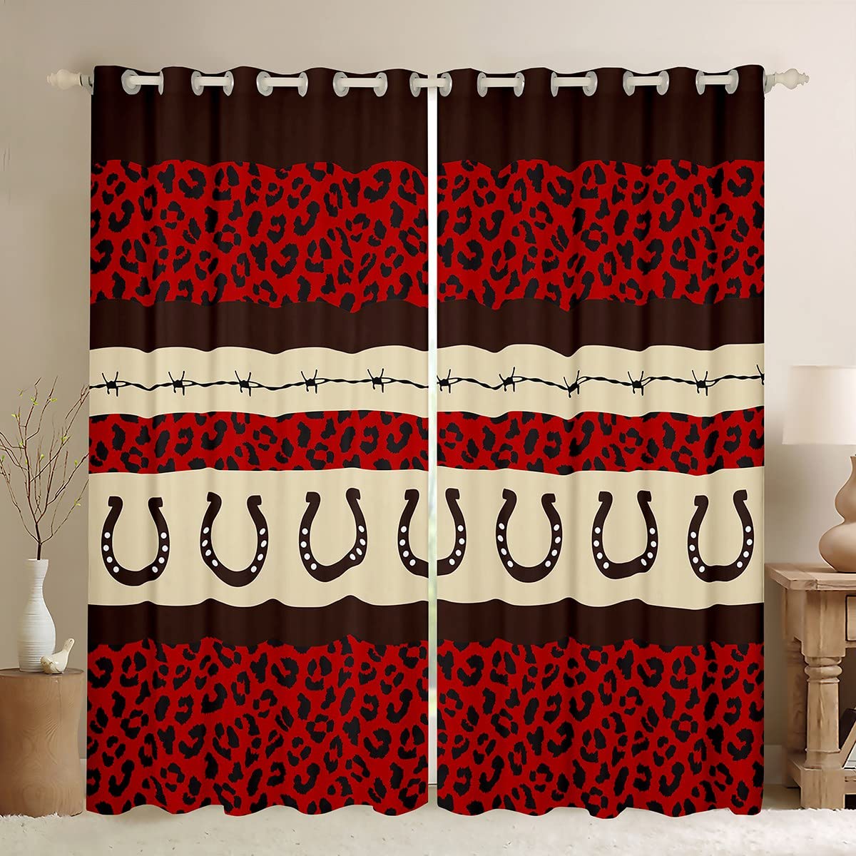 Loussiesd Leopard Window Dreapes Cheetah Curtains for Bedroom Living Room Kids Decor Western Decor Red Brown Blackout CurtainsSet Horseshoe Nail Window Treatments W52*L90