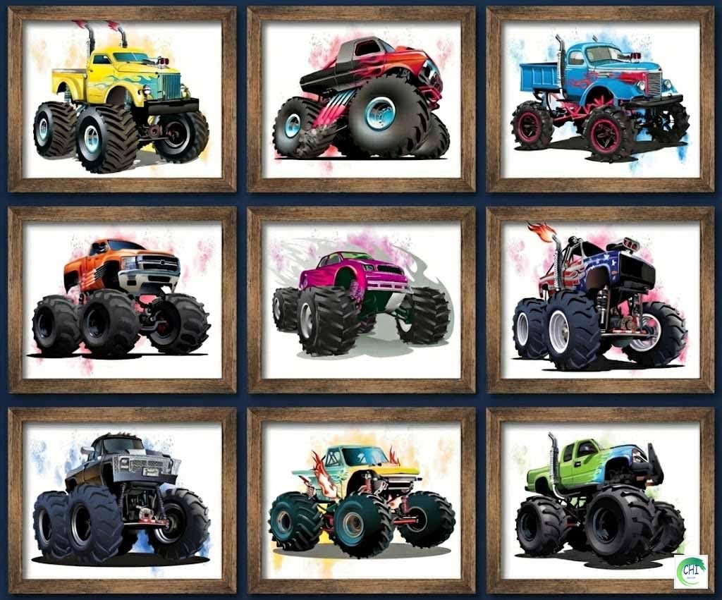 LANCHI95 9PCS Monster Truck Room Decor- Monster Truck Wall Art Prints Teen Boy Bedroom Decor, Vehicle Car Posters for Boys Room (UNFRAMED) (Car Poster