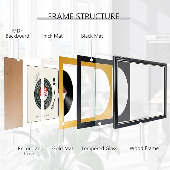 12x12 Vinyl Record Frame with Real Glass, Wall Mount Display for LP Album Cover, Black Gold Mat, Music Room Decor