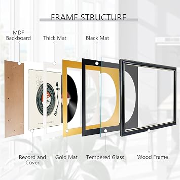 12x12 Vinyl Record Frame with Real Glass, Wall Mount Display for LP Album Cover, Black Gold Mat, Music Room Decor