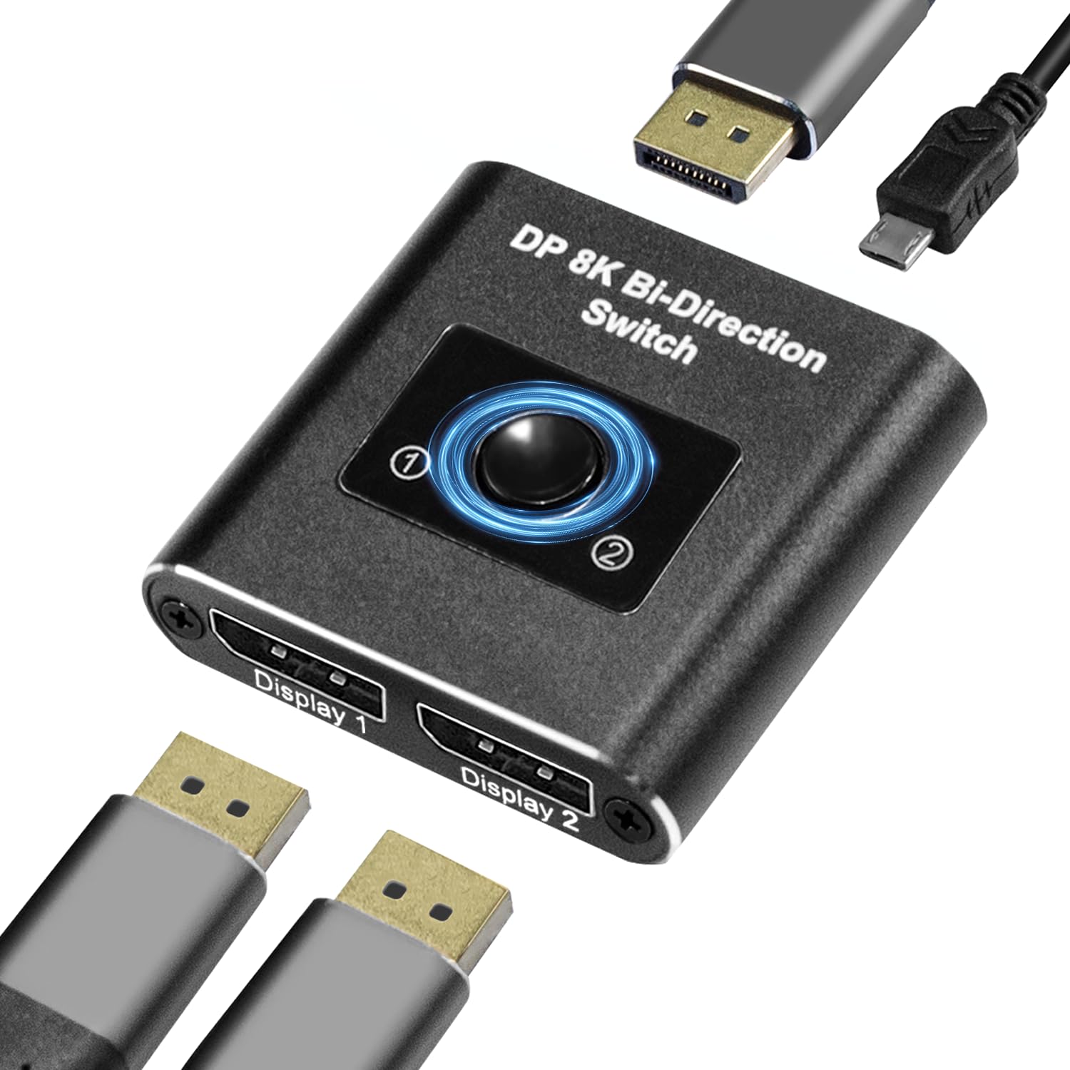 DisplayPort Switch 2 in 1 Out, Bi-Directional Switch with One-Button Switching, Displayport Splitter Supports 8K@30Hz, 4K@120Hz, 1080p@240Hz, High-Speed 32.4Gbps