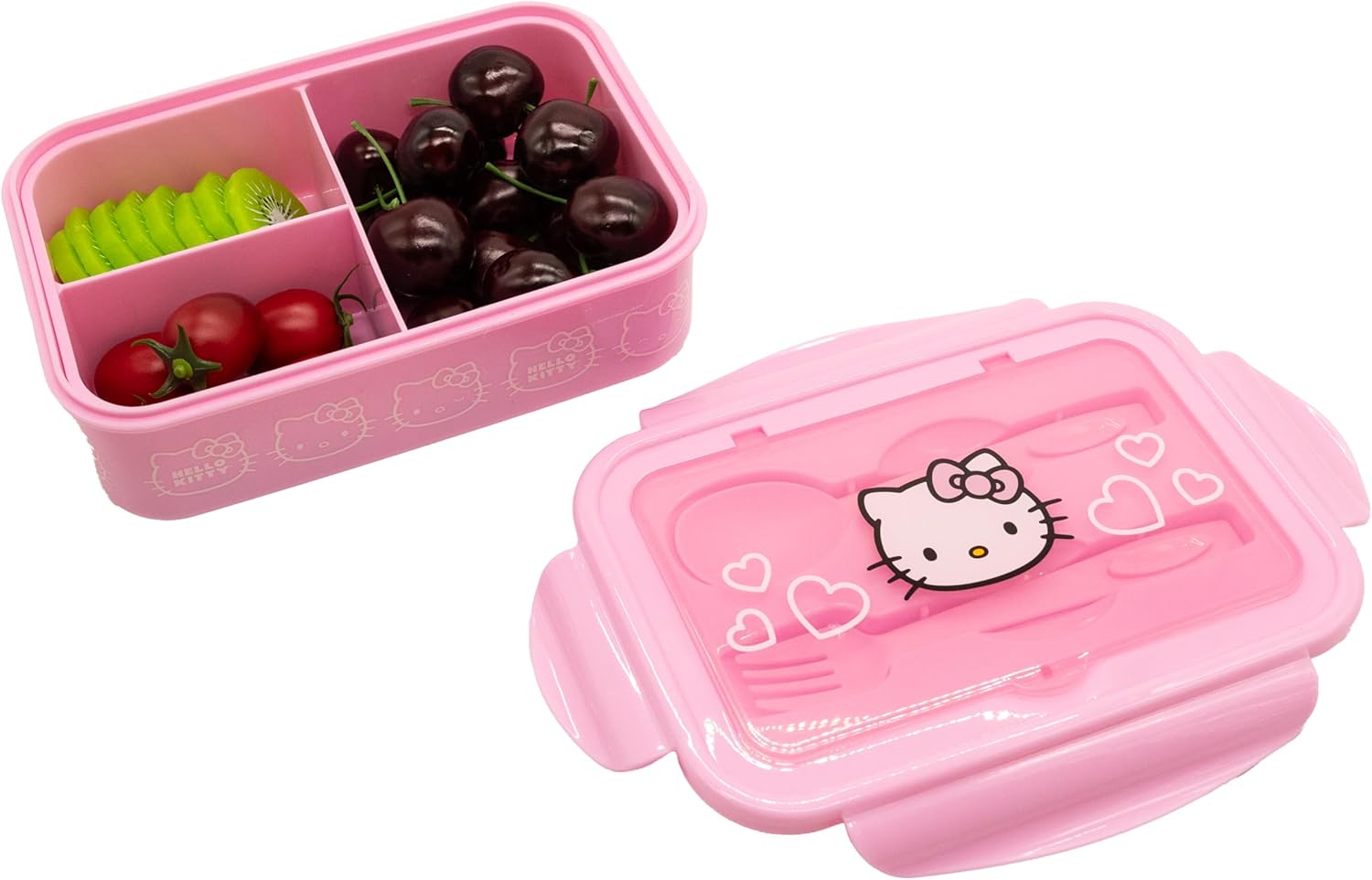 Fast Forward Hello Kitty Bento Lunch Box for Kids | Sanrio Food Container with Utensils | BPA-Free Toddler Lunch Kit with 3 Compartments | Bento Snack Box with Spoon & Fork