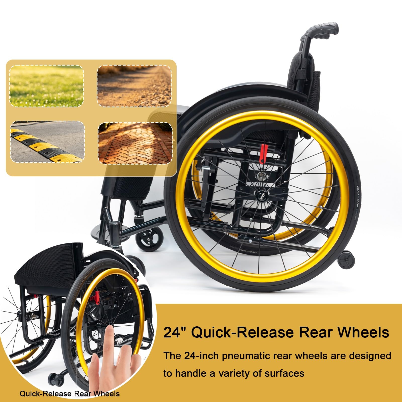 Silla de ruedas aluminio plegable,Ligera, Autopropulsable, para Adultos, Ruedas extracción con un botón, Cojín Grueso,Freno manual(Gold,42cm/16.5in Seat)