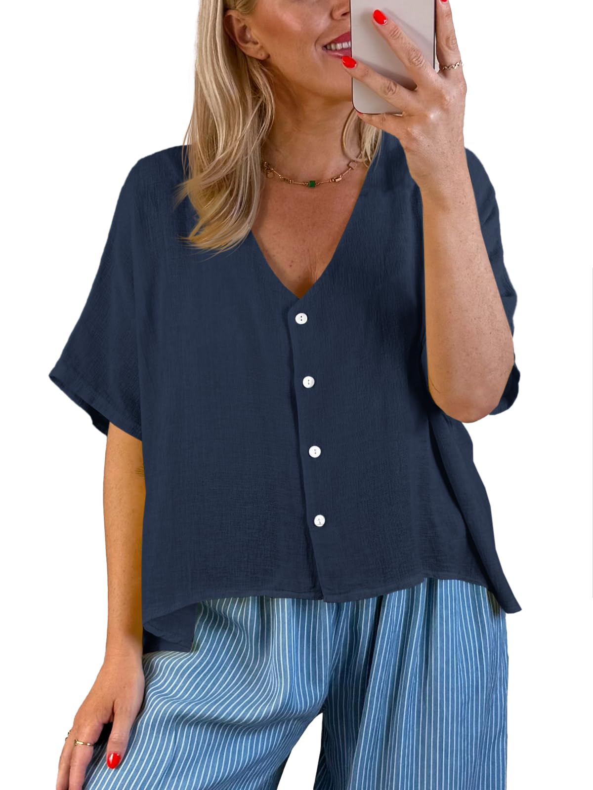 Womens Shirt Tops Batwing Short Sleeve Blouse Button Down Shirts