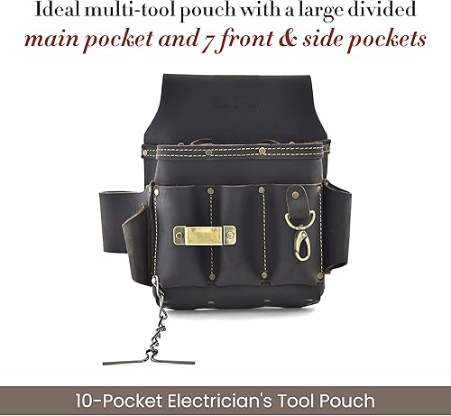 Miniatura 10 de Style n Craft Bolsa de herramientas para electricista de 10 bolsillos, bolsa de herramientas de cuero resistente con clip de cinta de metal, cadena