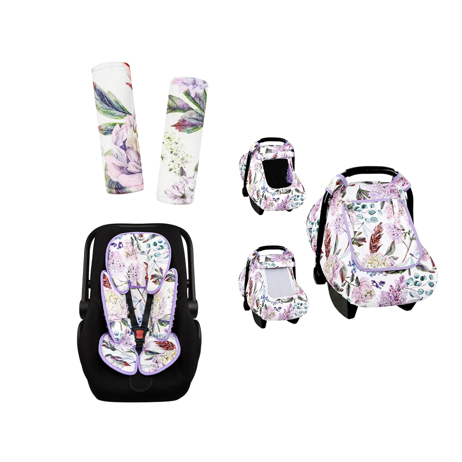 Car Seat Cover Baby, HNHUAMING Infant Car Seat Covers Canopy for Baby Girl Boy, HNHUAMING 2 in 1 Reversible Baby Car Seat Head & Body Support,Car Seat Strap Pads, Purple Floral