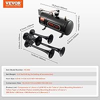 Vista 7 de VEVOR Kit de bocina de aire de 4 trompetas, bocinas de tren de 150 dB para camionetas pickup, compresor de aire de 12 V 120 psi, tanque de 0.8