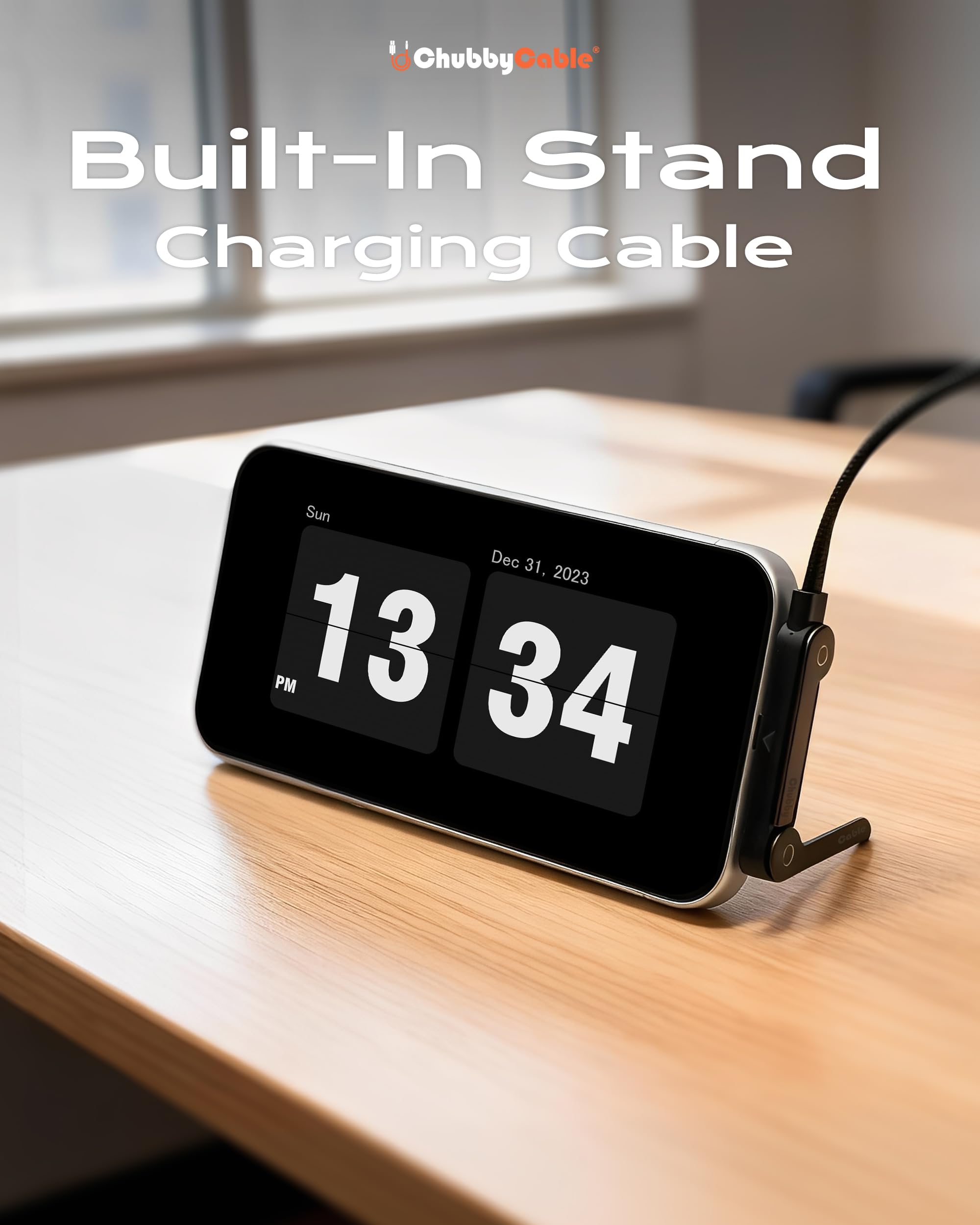 chubbycable StandLite - Cavo di ricarica rapida intrecciato da 240 W con supporto per telefono integrato, a forma di T, pieghevole, durevole, cavo USB-C a 90 gradi, cavo di ricarica multifunzione ad