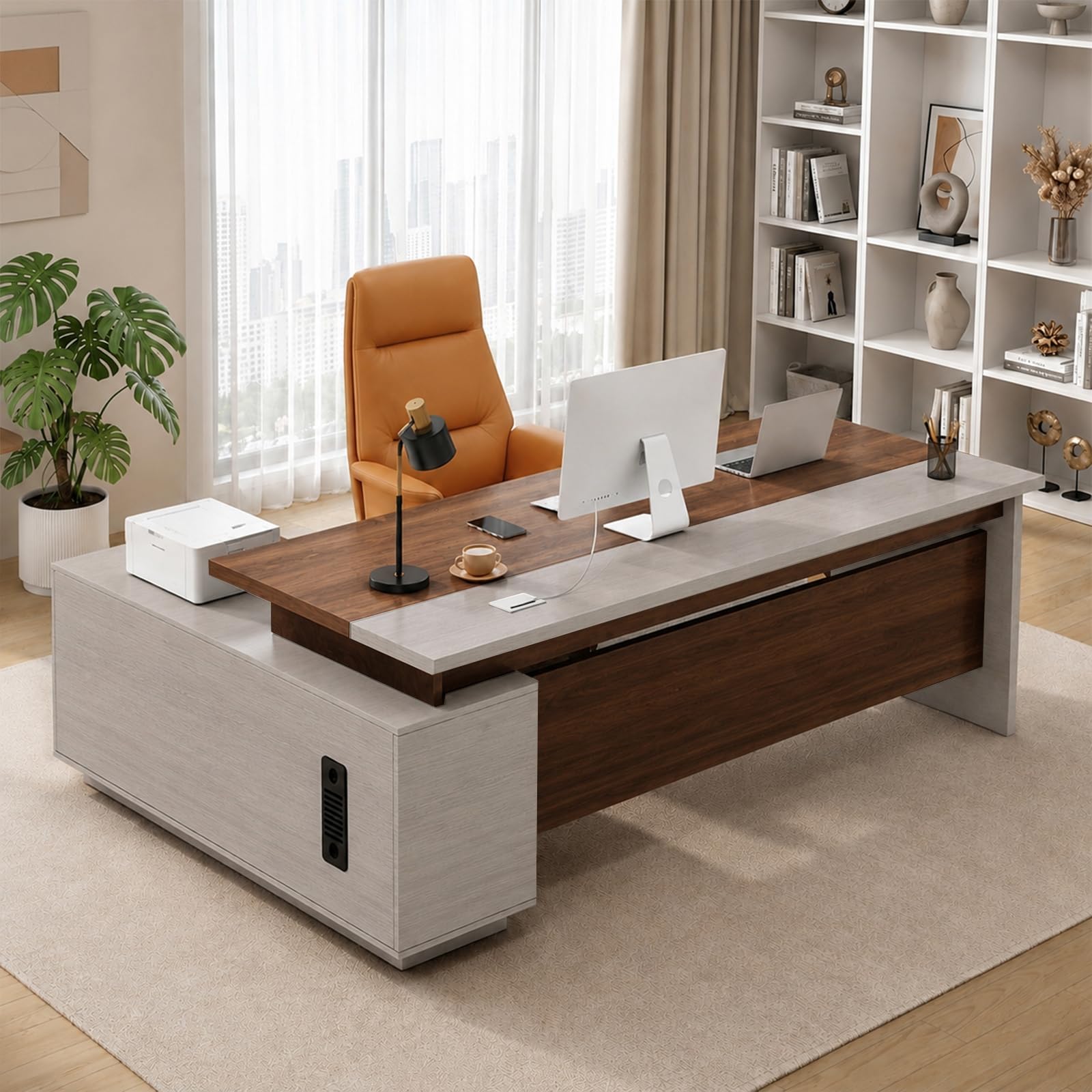 Escritorio Ejecutivo Grande con Almacenamiento y Cajones, Escritorio de Oficina, Estantes Abiertos y Gestión de Cables, para Oficina, Despacho y Teletrabajo