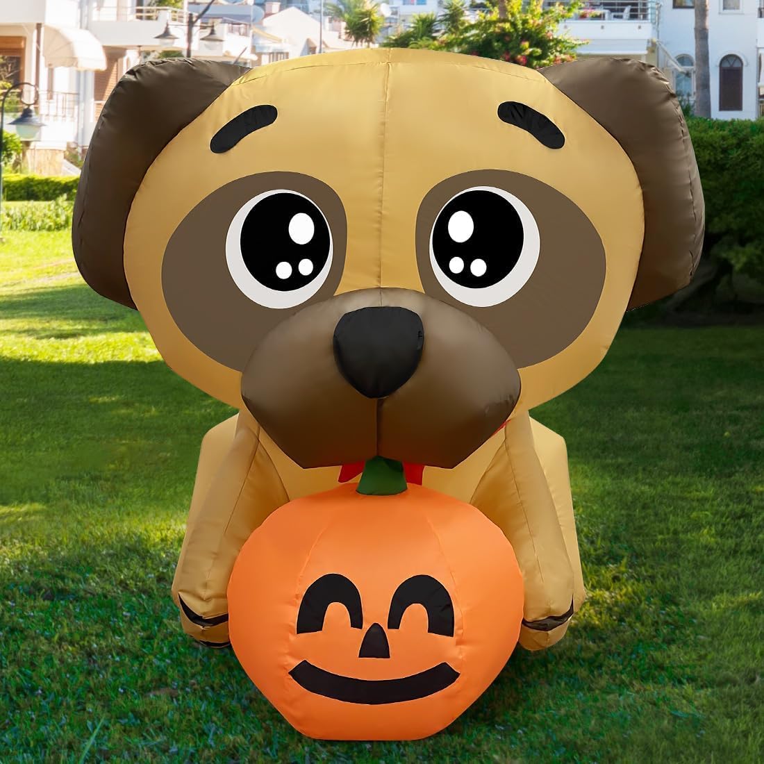 COMIN 5 FT Long Halloween Inflatables Dog Outdoor Yard Decorations Blow Up Pug Holding Pumpkin with Built-in LEDs for Indoor Party Garden Lawn Decor