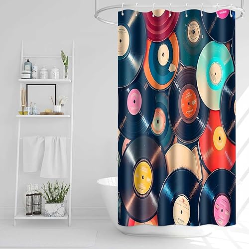 Miniatura 8 de YLOKTP0444 - Cortina de ducha con música retro, 72 x 72 pulgadas, discos musicales, álbum de baño, bañeras, juego de decoración con 12 ganchos