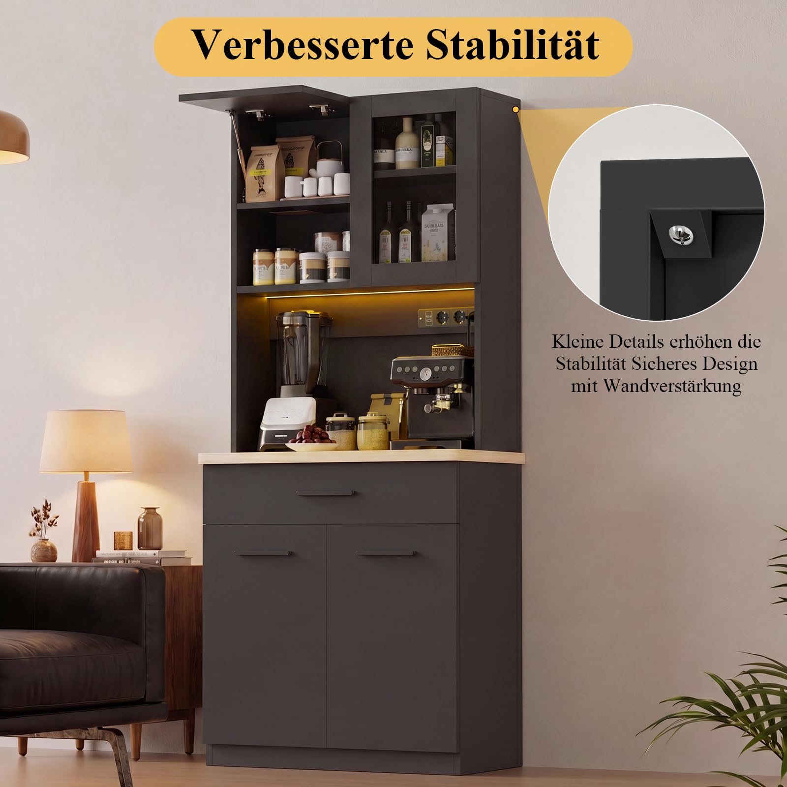 Devoko Küchenschrank mit Arbeitsplatte & Steckdose, Buffetschrank LED Soft-Close, Vorratsschrank Höhenverstellbar Verstärkte Rückwand, Mehrzweckschrank Küche Wohnzimmer, Schwarz