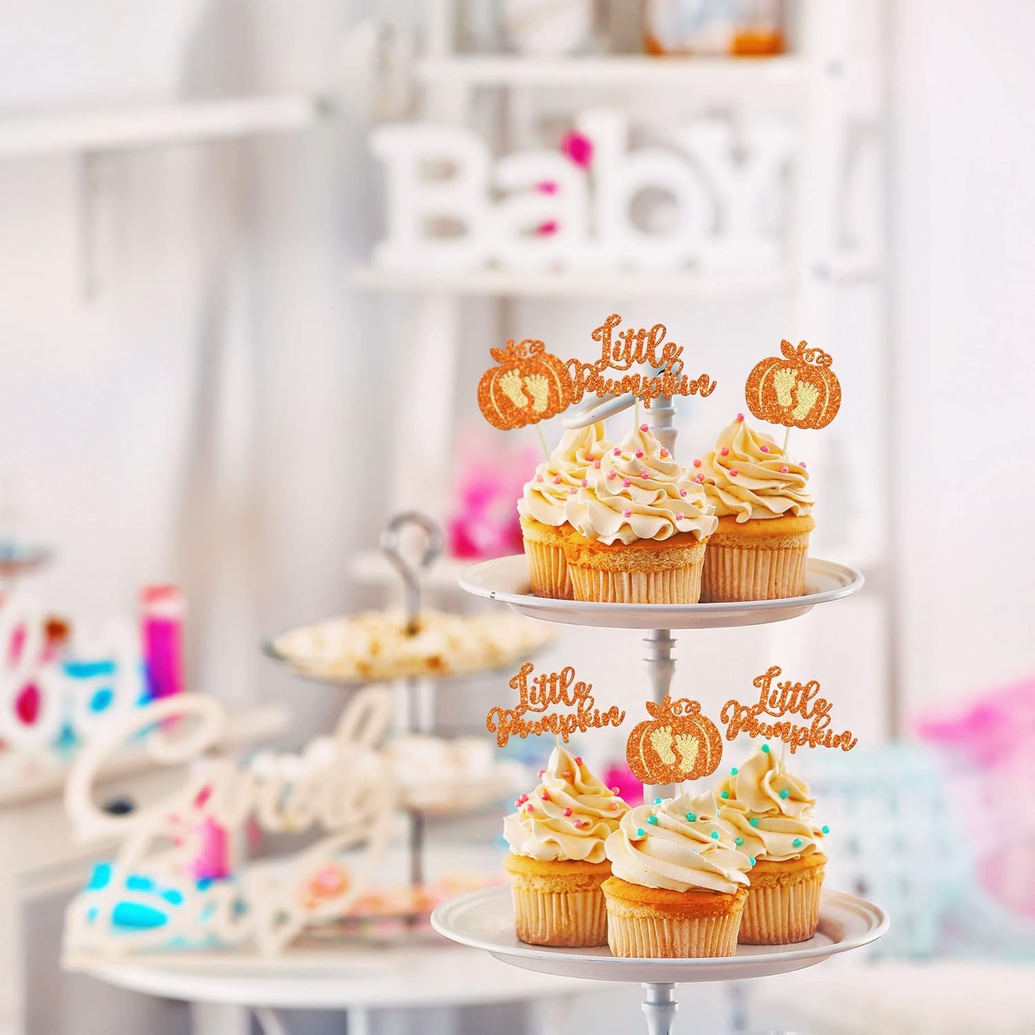 Confetti! 24-Pack Glitter Pumpkin Cupcake Toppers - Little Pumpkin Picks for Baby Showers, Kids' Birthdays, and Fall Harvest Parties - Perfect Autumn party supply Decorations 4