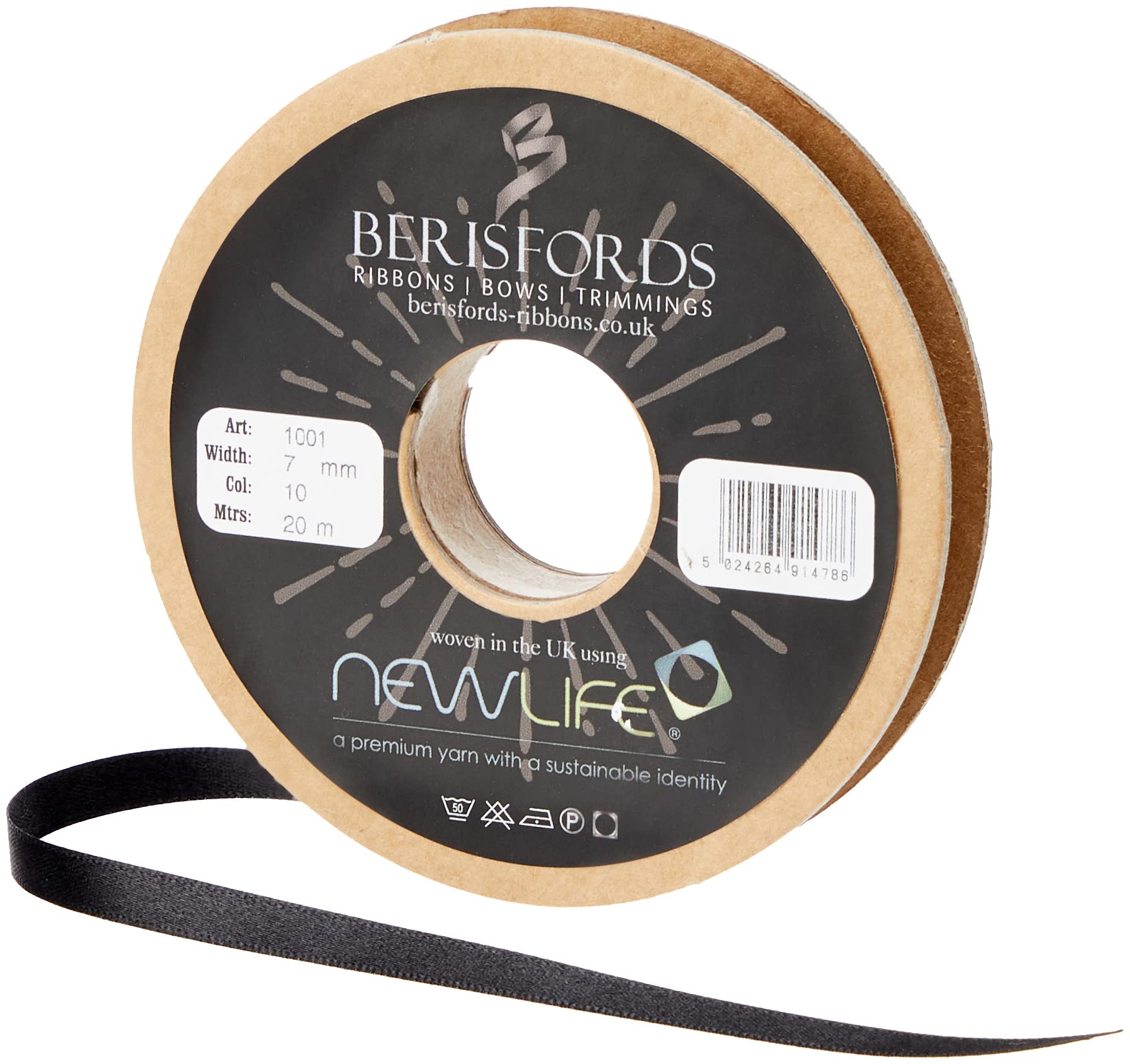 Berisfords Black 7Mm 10 Newlife Satin Ribbon 100% Recycled 20M Reel
