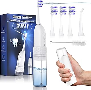Portable Water flosser with Electric Toothbrush, 2 in 1 Teeth Cleaning Kit, Electric Toothbrush and flosser Combo, Water Flosser for Travel and Home (White)