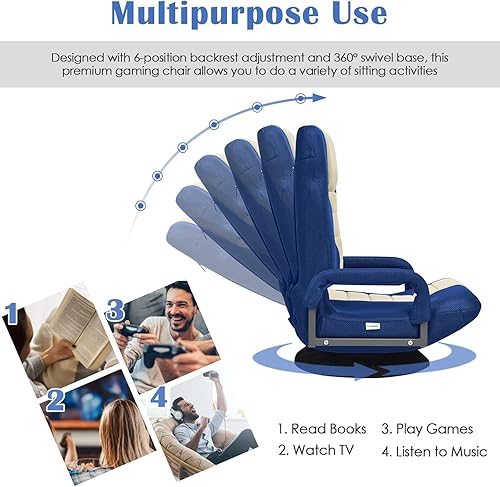 Miniatura 6 de KOMFOTT Silla de suelo para juegos, silla giratoria de 360 con respaldo ajustable de 6 posiciones, reposabrazos, soporte lumbar, sillas plegables