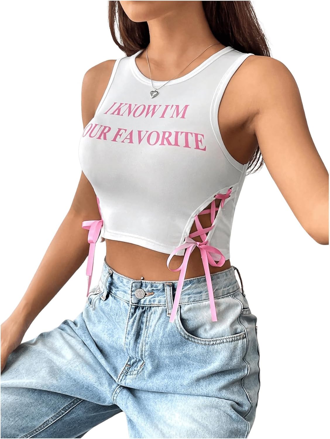 SHENHE Women's Letter Print Lace Up Round Neck Slim Fit Crop Going Out Tank Tops - Image 5