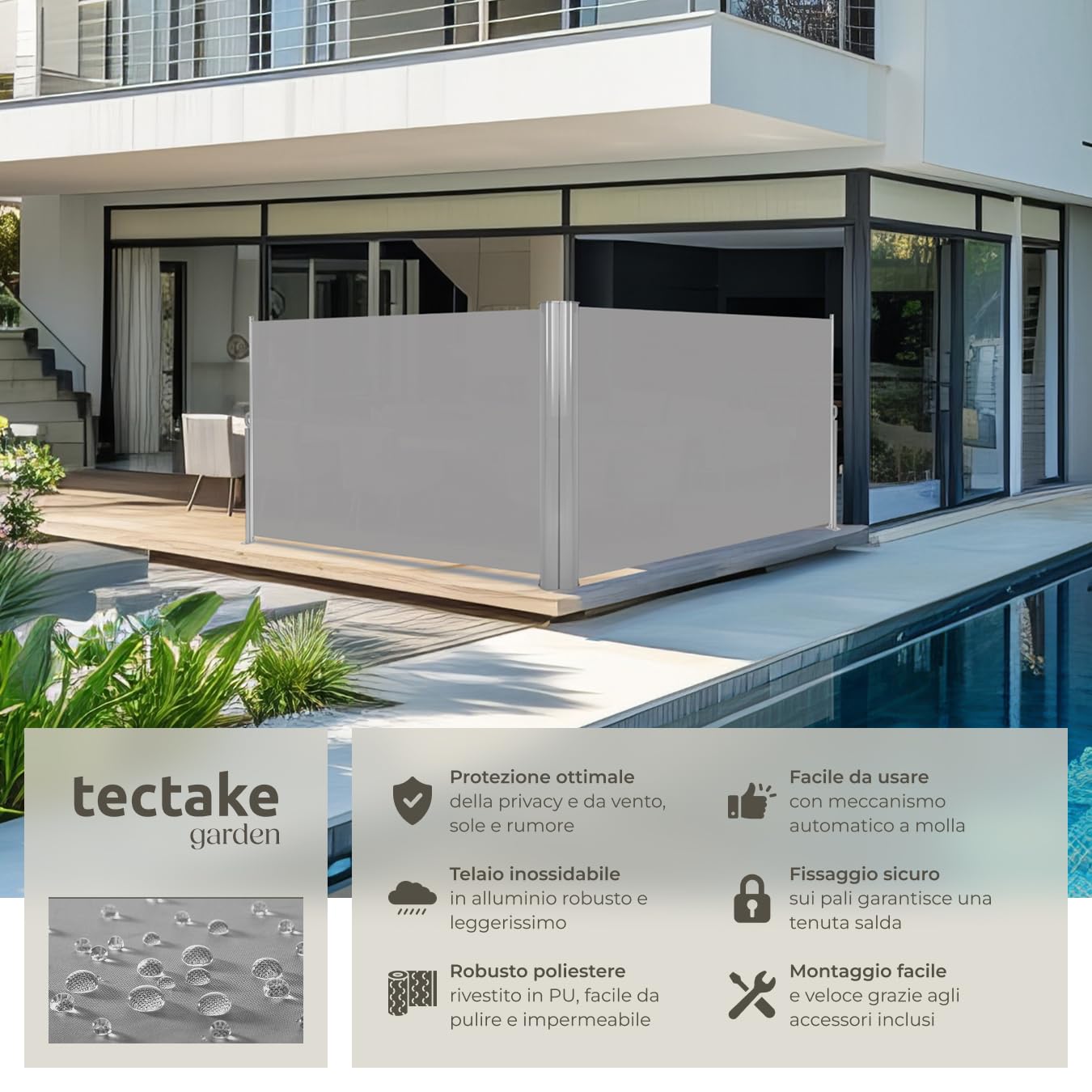 Tectake Tenda Frangivento Doppia Estensibile Cassettone Alluminio 160x600 cm Grigio