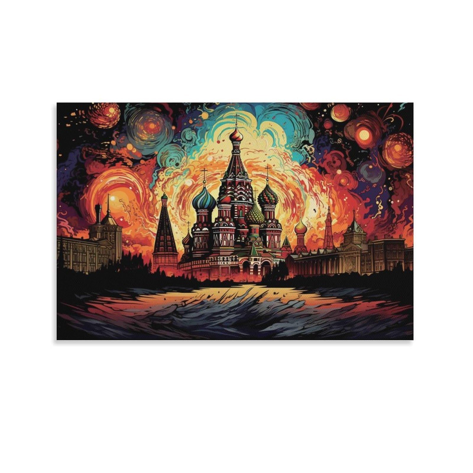 CPLVKWRQJ Starry Night Cathedral Single Saint Basils Cathedral Fiery Swirling Sky Art Canvas Print - Living Room Gallery Wall Statement Piece Fade Resistant Ready to Hang 20x30inch(50x75cm)