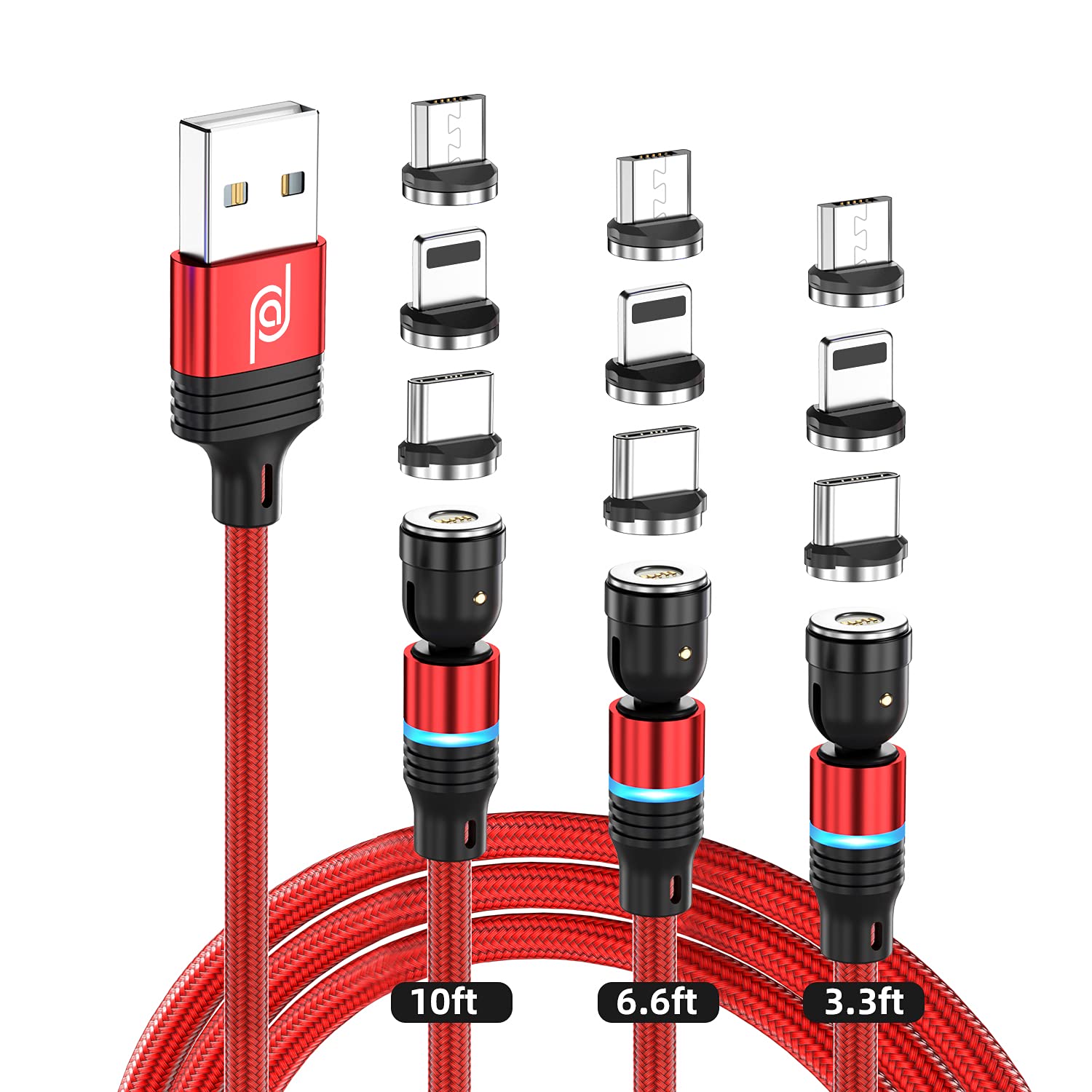 JJA Magnetic Charging Cable 3 in 1, Pack of 3 (1m, 2m & 3m), 360°&180° Rotation, Fast Phone Charger, 3A Nylon Braided Detachable, Data Transfer, for Micro USB, Type C, I-Connector (Red, Pack of 3)