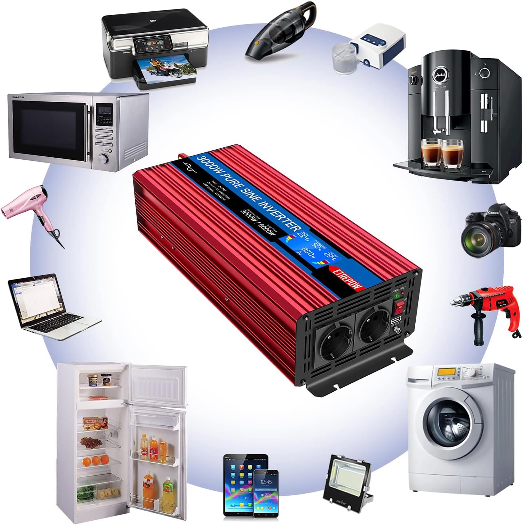 3000W convertisseur 24v 220v Pur Sinus transformateur-2 Prises EU AC et USB, télécommande sans Fil et écran LCD Onduleur pour Les systèmes Solaire, Voiture, Camping, Voyage