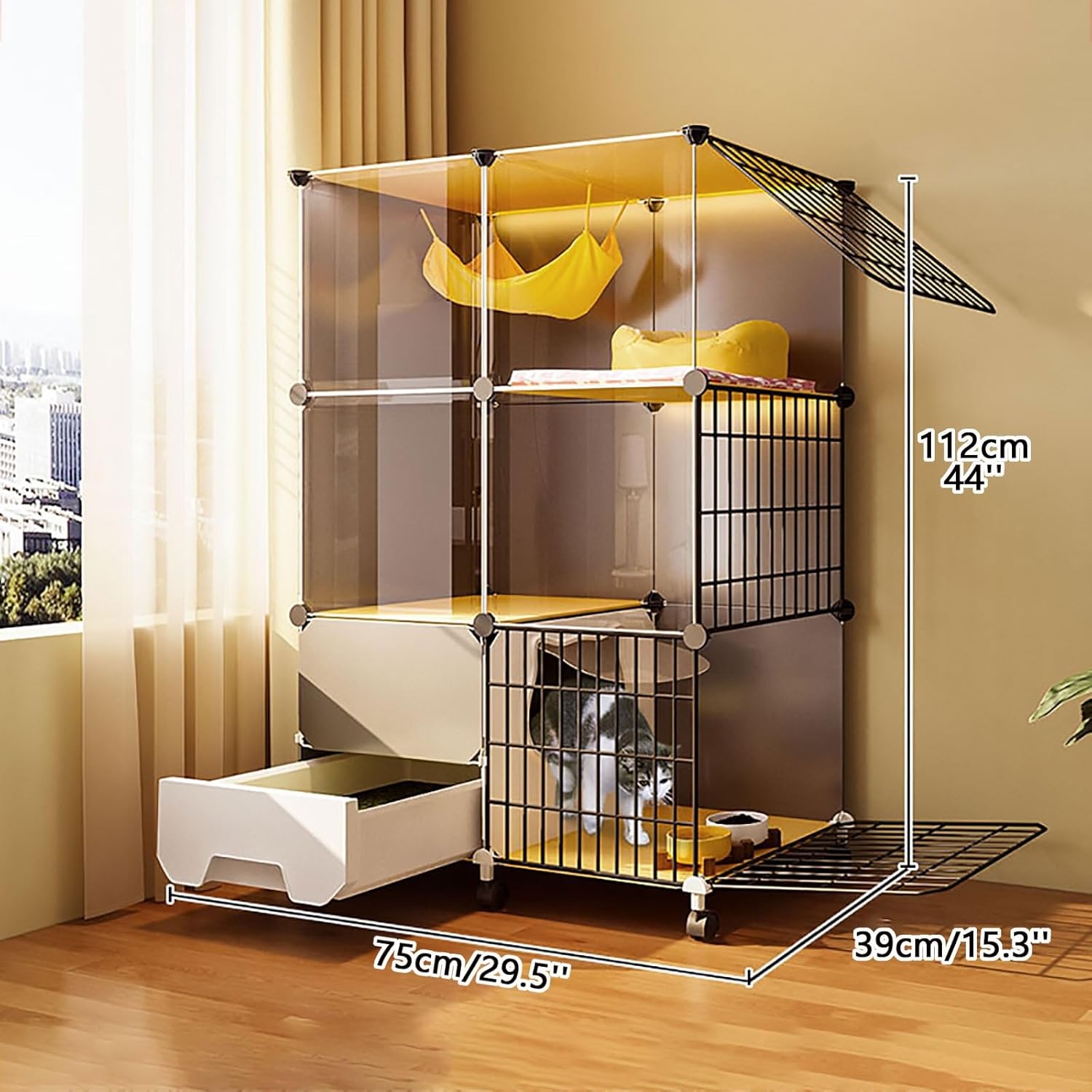 Cat Cage Indoor,Cat Enclosure DIY Pet Playpen Kitten Cage with Litter Box Cat House Detachable Metal Wire Kennels Crate,Large Exercise Place Ideal for 1-3 Cat,75x39x112cm