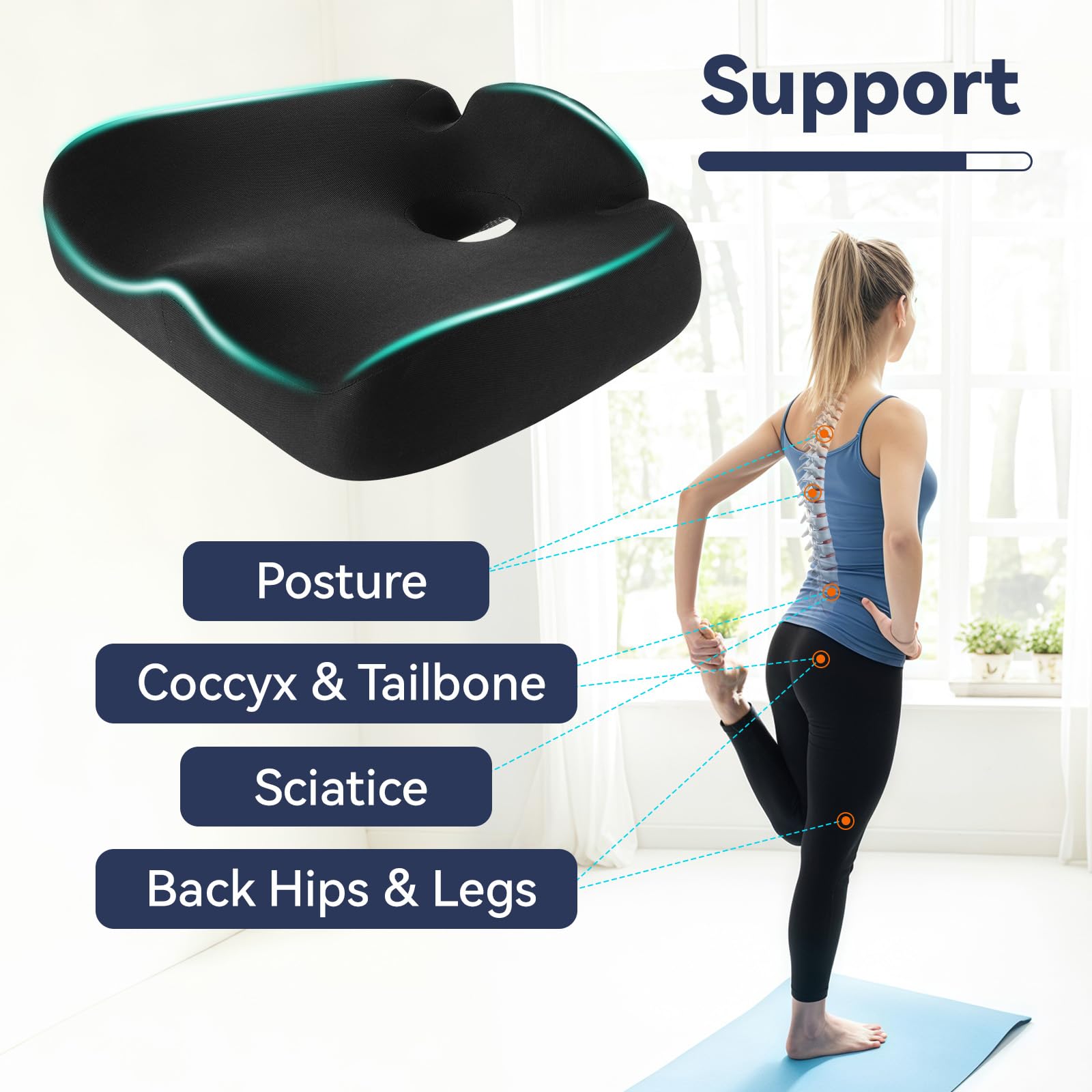 Cuscino da seduta in memory foam per coccige, schiena, coccige, sciatico, sollievo dal dolore sciatico, per sedersi tutto il giorno. Cuscino per sedere per sedia da ufficio, sedia a rotelle,