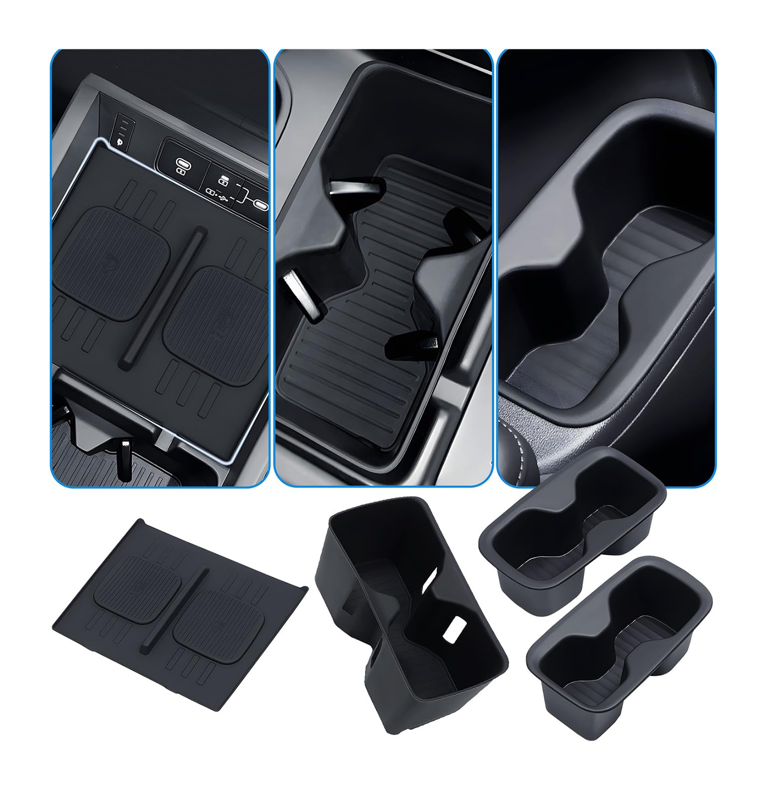 1st &amp; 2nd Row Cup Holder Insert &amp; Wireless Charging Protective Mat for Hyundai Santa Fe 2026 2025 2024, Center Console Interior Accessories Cup Holder &amp; Wireless Charger Cover Pad, Black