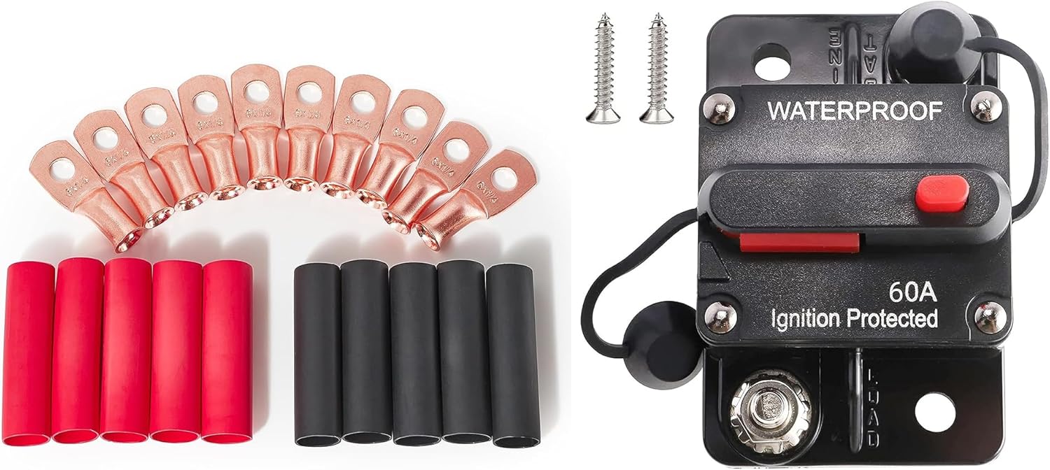 RED WOLF 60A Circuit Breaker Manual Reset Switch 6 AWG 1/4" Battery Cable End Copper Ring Terminal Connector Lug w/3:1 Ratio Heat Shrink Tube for Boat Trolling Stereo Battery Solar System Inline