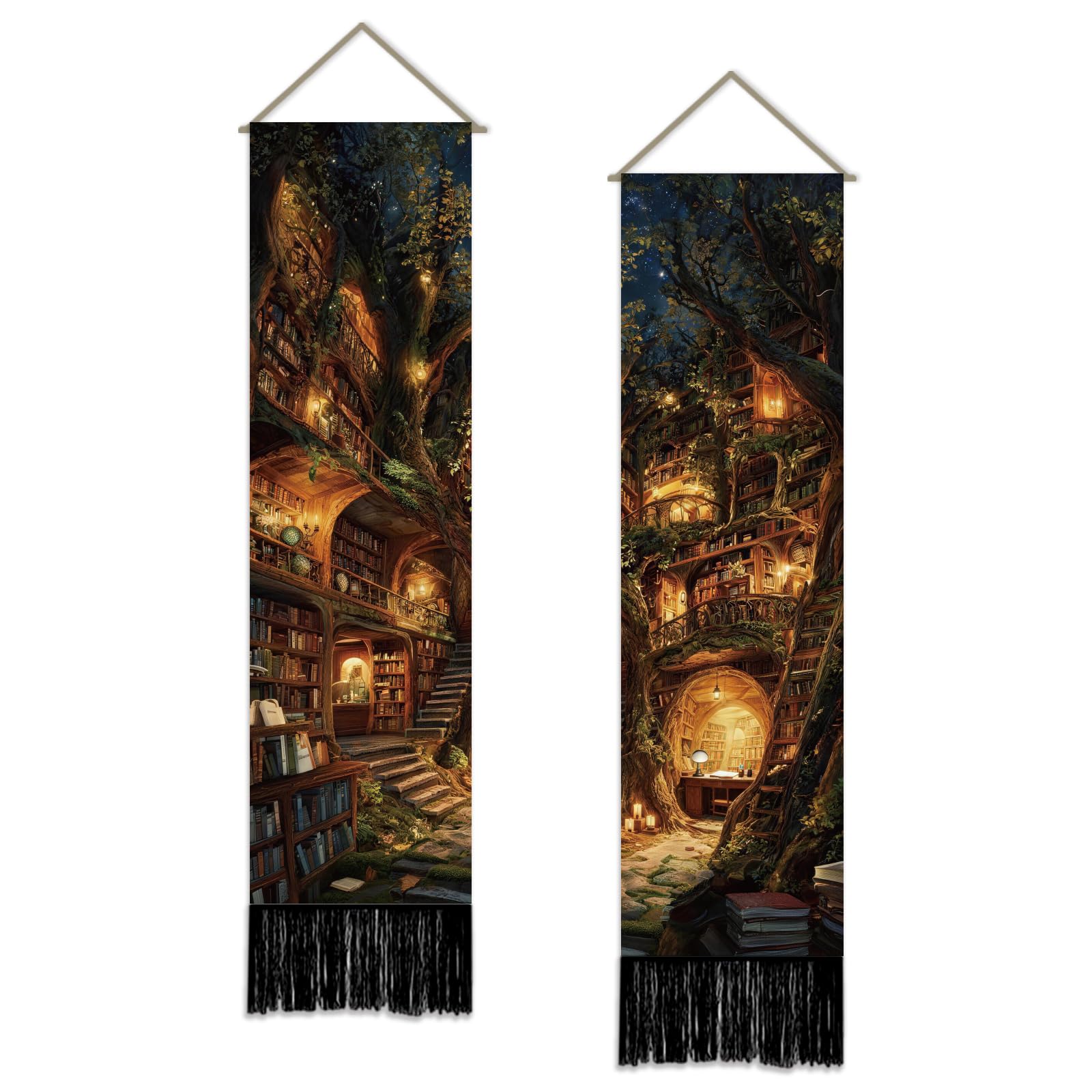 SUPERDANT Tree Bookshelf Wall Tapestry Set of 2 Fairy Treehouse Book Tapestries Polyester Wall Hanging Decor for Entryway Living Room Bedroom Narrow Spaces 130x33cm