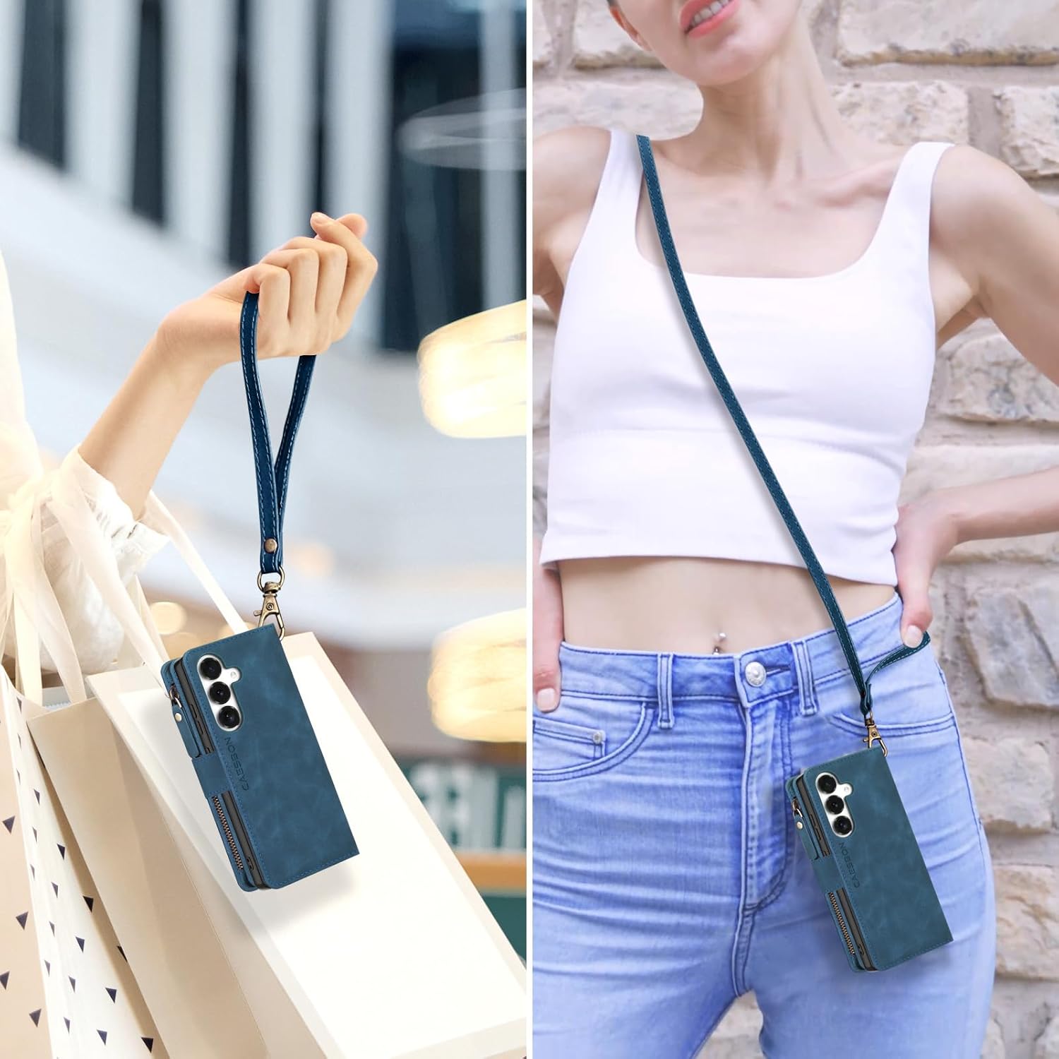 for Samsung Galaxy S26-Wallet Case: with RFID Blocking Card Slots (6 Cards) | Soft PU Leather Magnetic Snap Zipper Pocket | Crossbody Wrist Strap Protective Phone Cover - Blue
