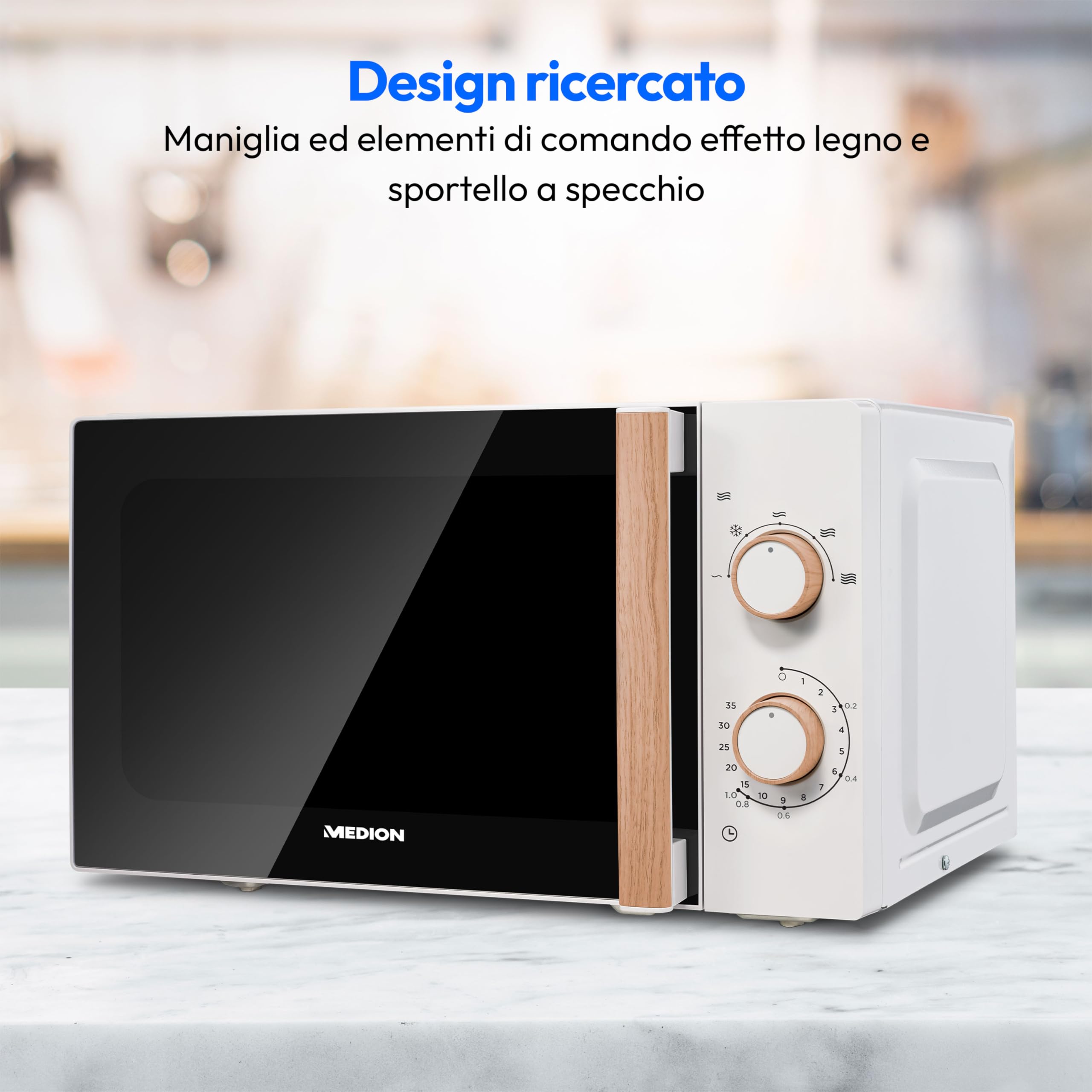 MEDION Microonde (effetto legno, 20 litri, 700 watt, porta a specchio, 5 livelli di potenza, funzione scongelamento, timer, MD10596) bianco