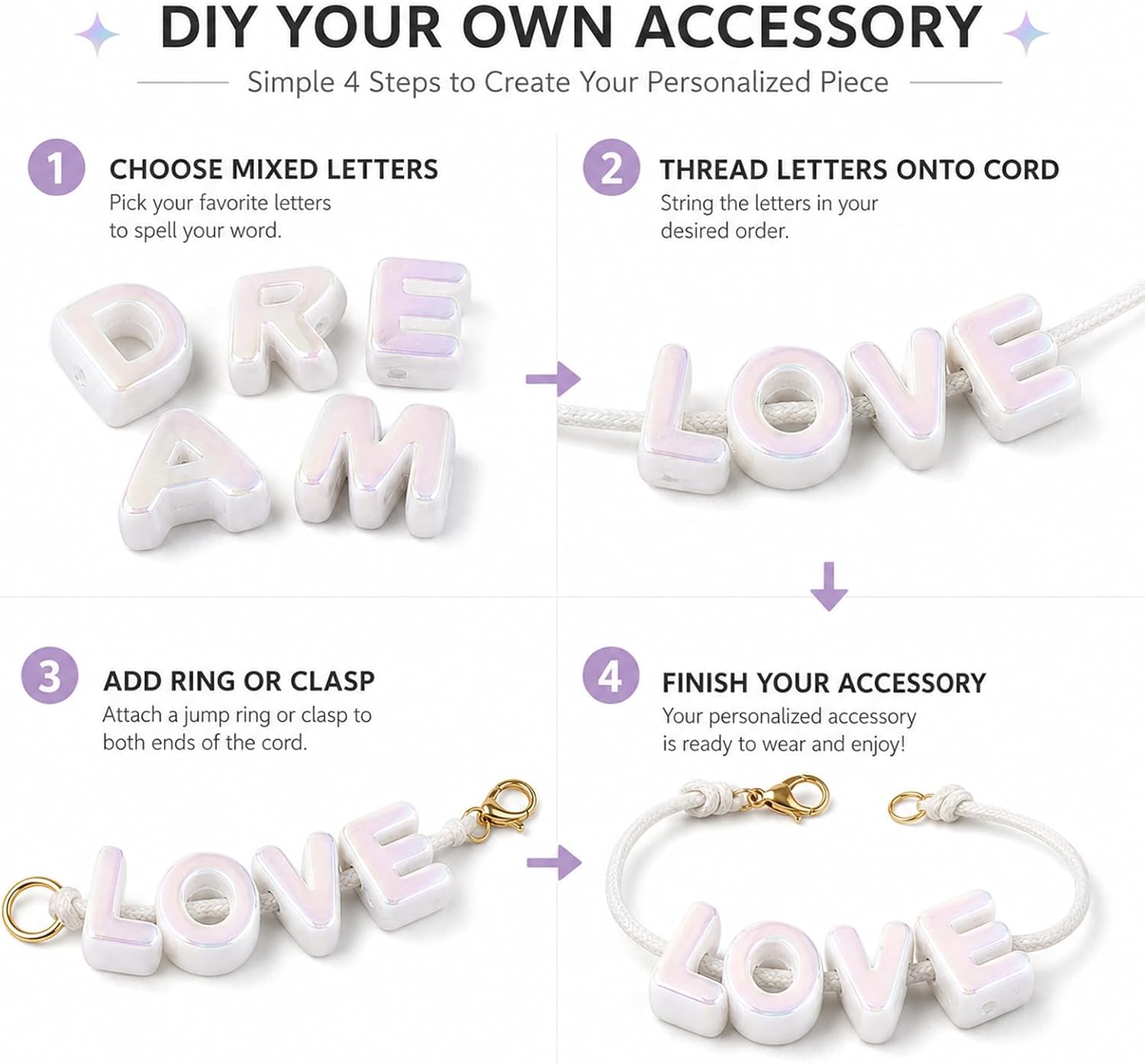 FASHEWELRY 90Pcs Rainbow Iridescent Chunky Letter Beads 20mm Big Alphabet Beads for Bracelets, Bubble Initials Bead for Paracord Keychains Making Bag Charm Shoelaces (White)