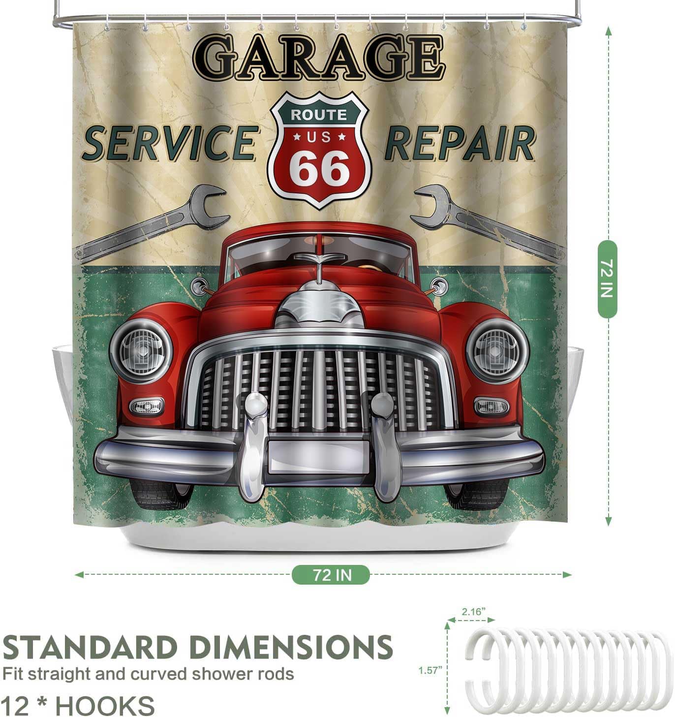Cars Shower Curtain, 72x72 inch Polyester, Vintage Car Stall Route 66 Bathroom Shower Curtains, Retro Garage Repair Shop Bathroom Bathtubs Decor Set with 12 Hooks YLOKTP0236