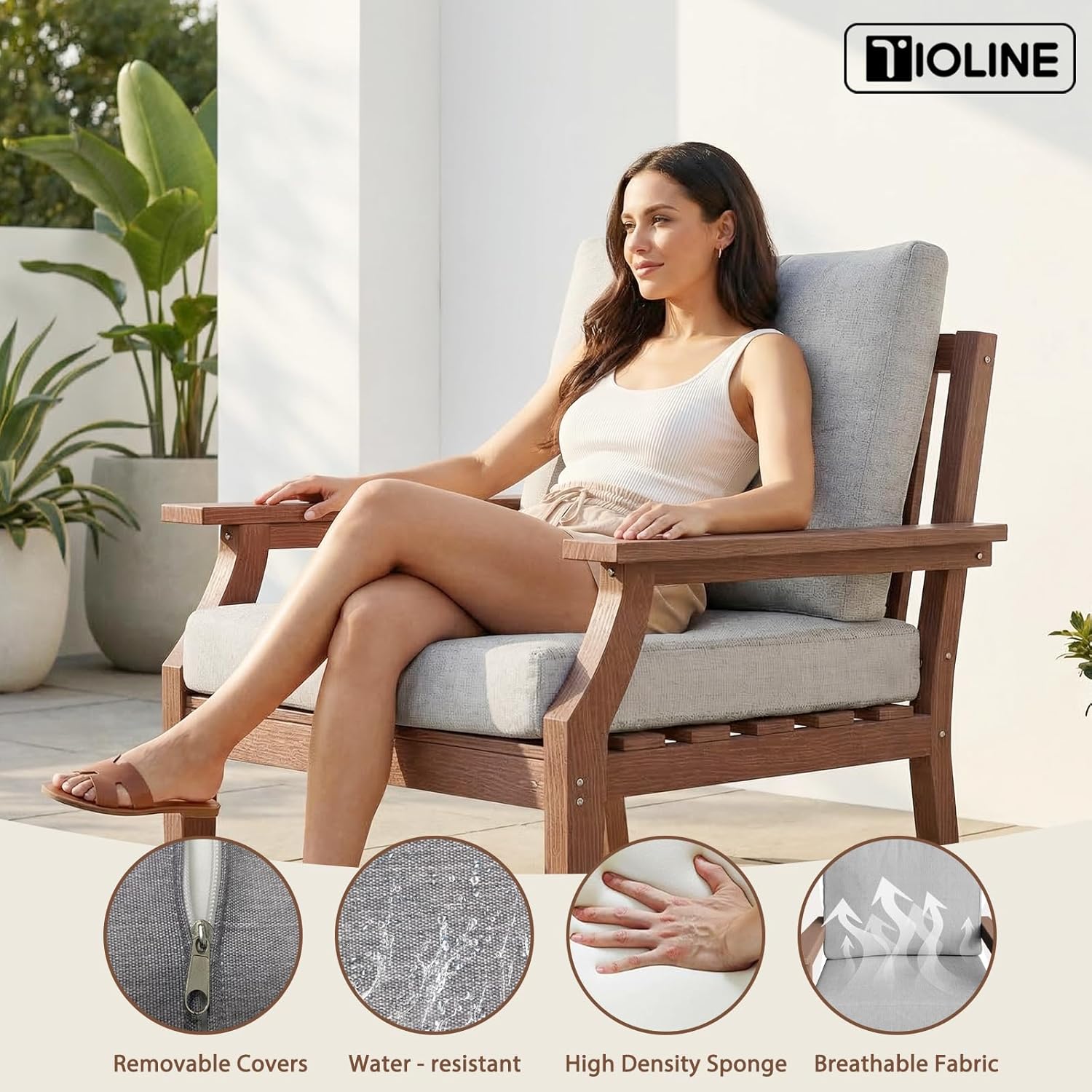 HDPE Patio Conversation Set, 6-Piece All Weather Outdoor Furniture Set with 2 Single Rocking Armchairs for Deck, Lawn, with Cushion, Brown