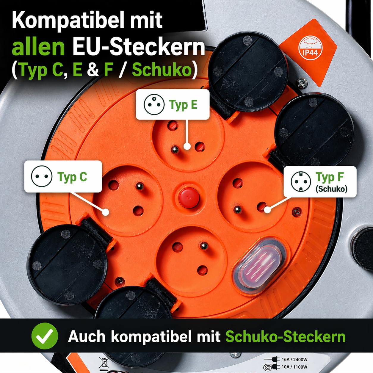 Rexxer Kabeltrommel 30m Metall IP44 für Außenbereich 4 Steckdosen Typ E Verlängerungskabel 3x1,5 mm² mit Erdung Baustelle Garten