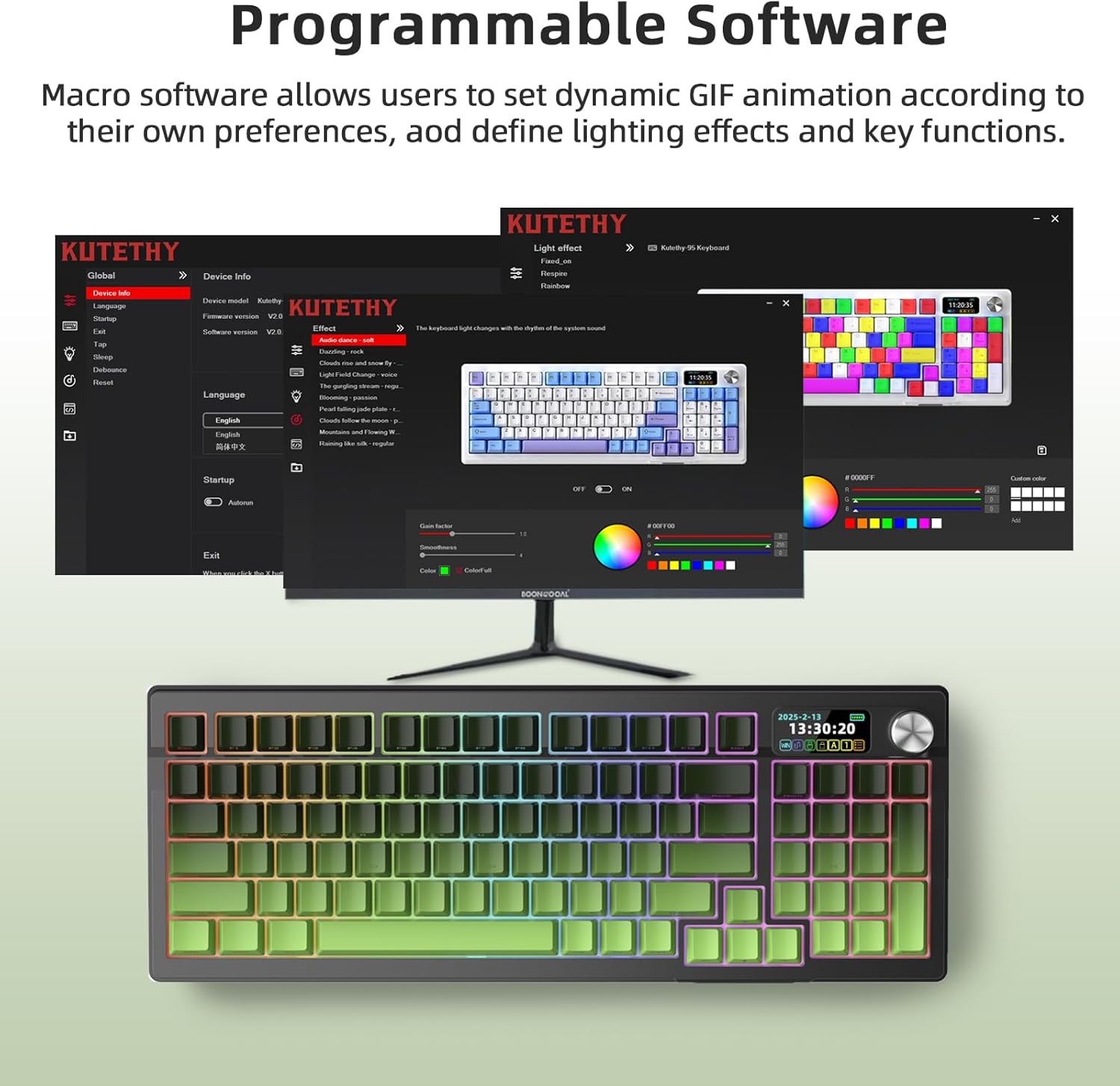 KUTETHY KY95 98% Wireless Mechanical Keyboard,LCD Screen & Knob,Tri-Mode BT5.0/2.4GHz/USB-C Hot Swappable Custom,Pre-lubed Kailh Clicky Switches,95 Keys RGB Gaming Keyboard(Green Gradient)