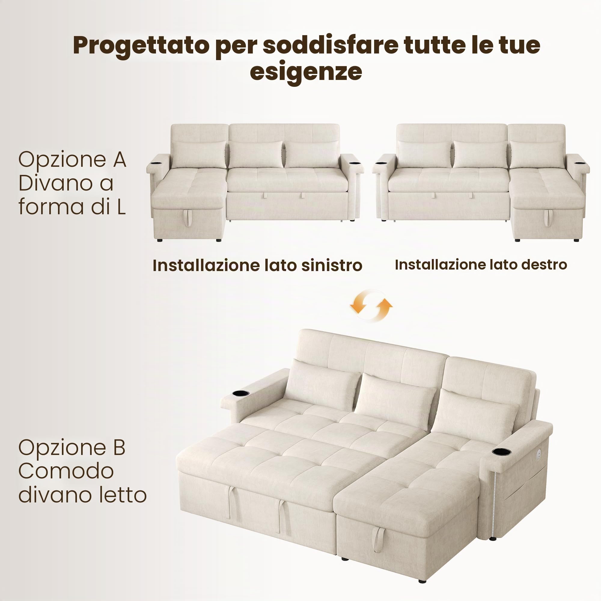 Divano Pieghevole con Funzione Letto, Divano Angolare a L con illuminazione a LED e Porte USB, Schienale Regolabile con Cuscini e Vassoio Portabicchieri, divani a 3 Posti con Contenitore per soggiorno