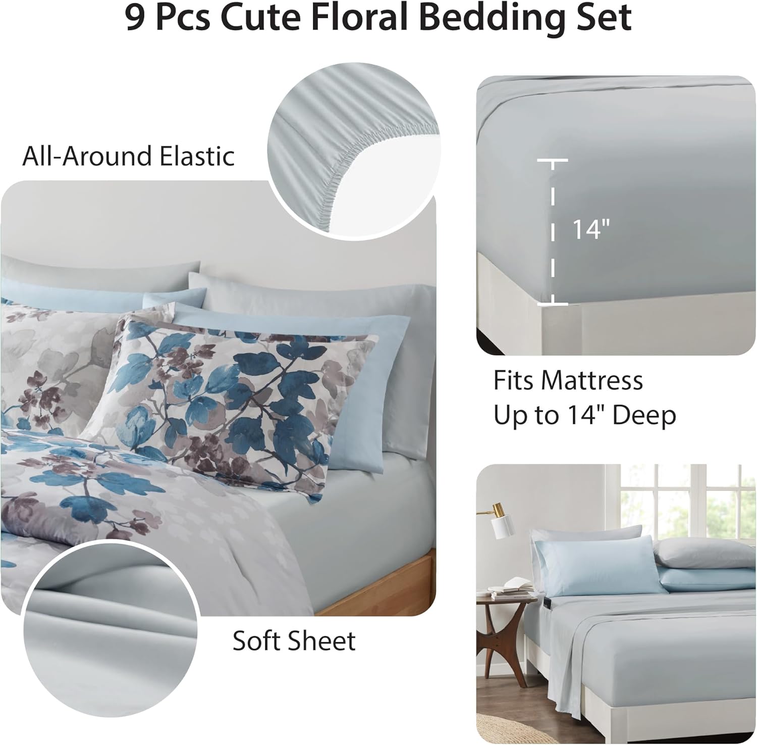 Full Comforter Set Blue Bed Set, 9 Pieces Cute Floral Bedding Set Ultra Soft Botanical Flowers Comforter, Sheets, Pillowcases & Shams