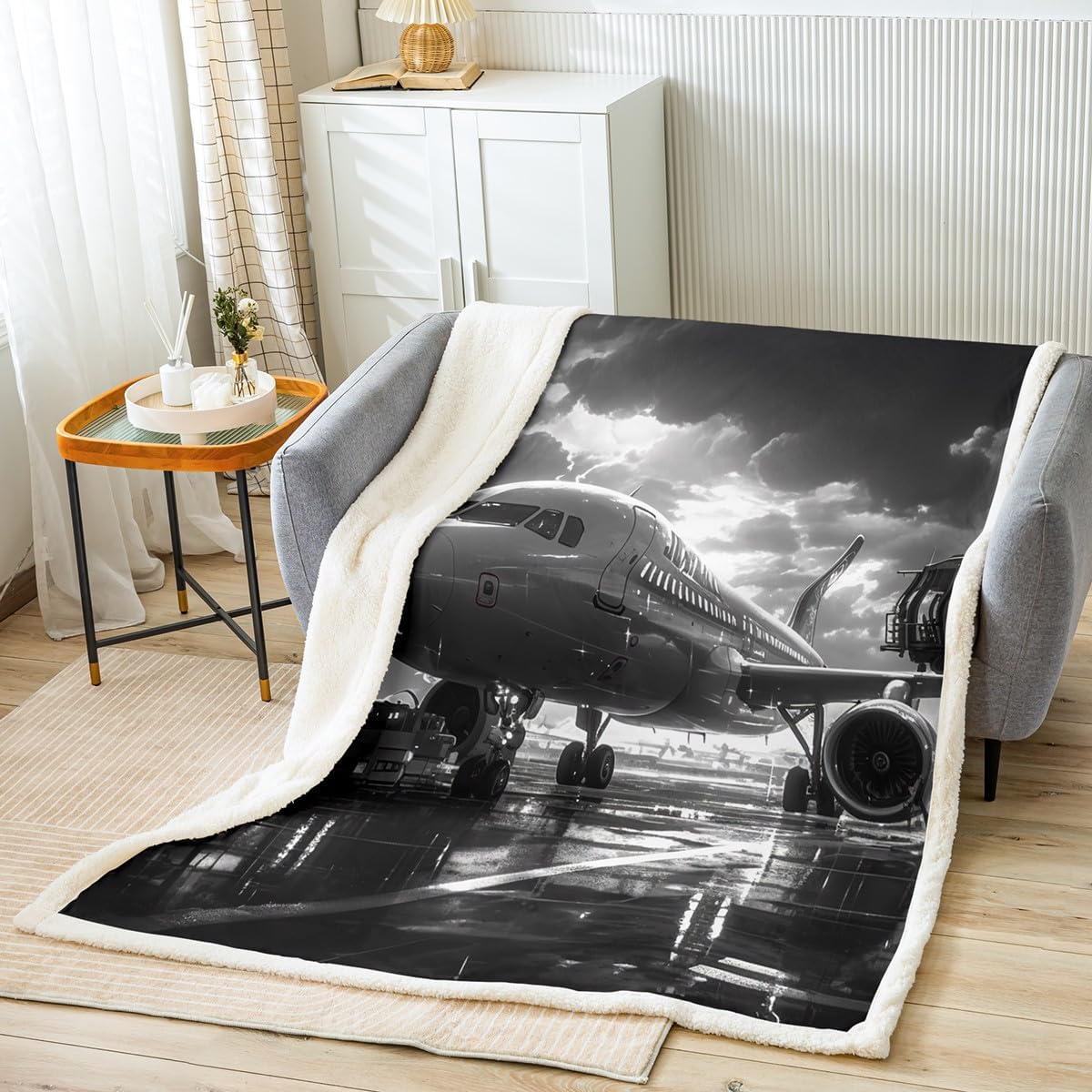 Airplane Fleece Blanket,Aviation Plane Aircraft Modern Bed Blanket for Kids Teens,3D Print Lightning Sky Print Gray Flannel Blanket for Room Decor,Queen 90"x90"