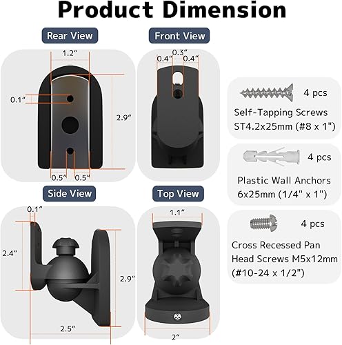 Miniatura 6 de PUTORSEN Soporte de pared para altavoz, negro, paquete de 2, giratorio e inclinado, soporta hasta 7.7 libras