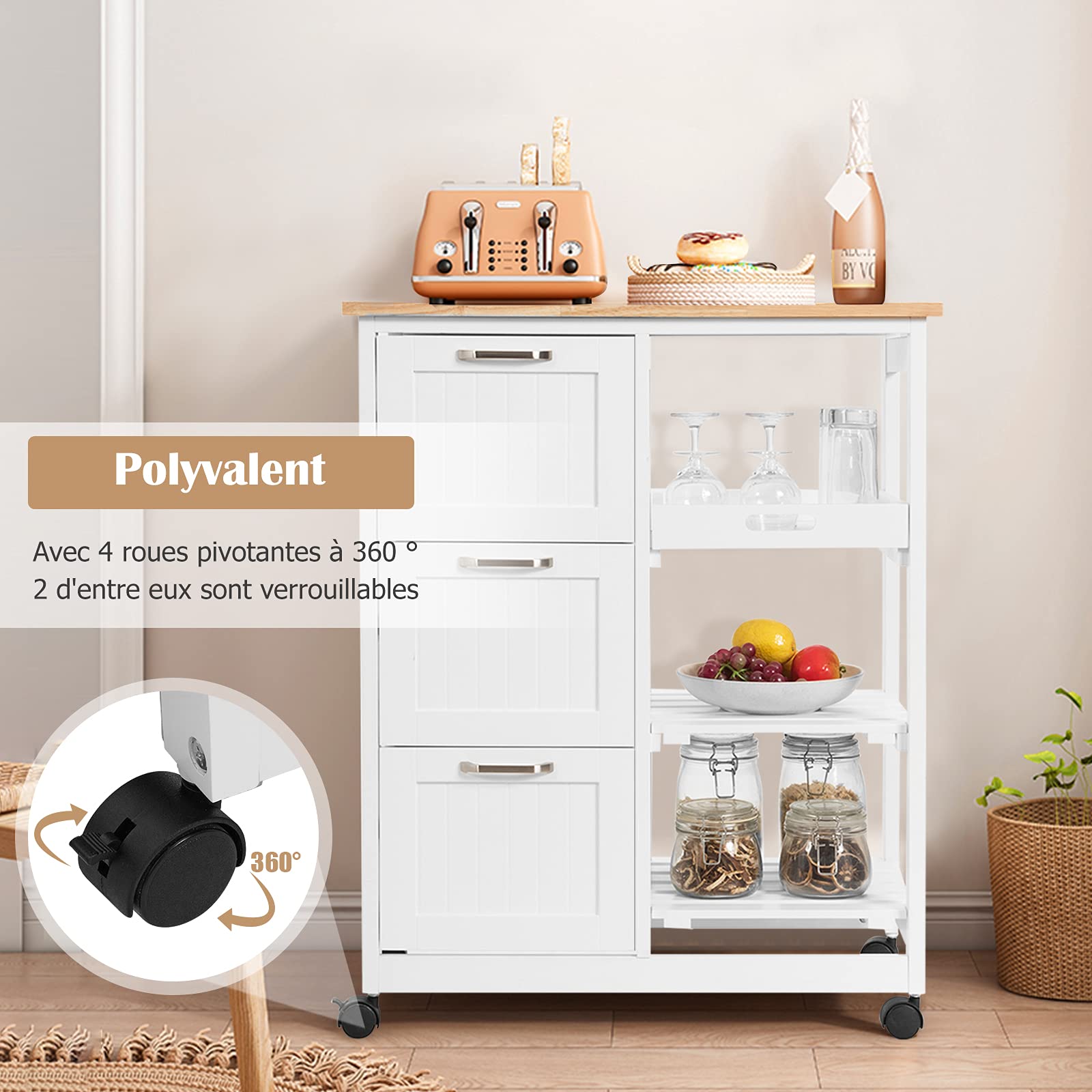 GOPLUS Desserte de Cuisine à roulettes, Chariot de Cuisine en Bois avec 3 Tiroirs, 3 Étagères, Plateau Amovible, 67 x 37 x 83,5 CM, Blanc