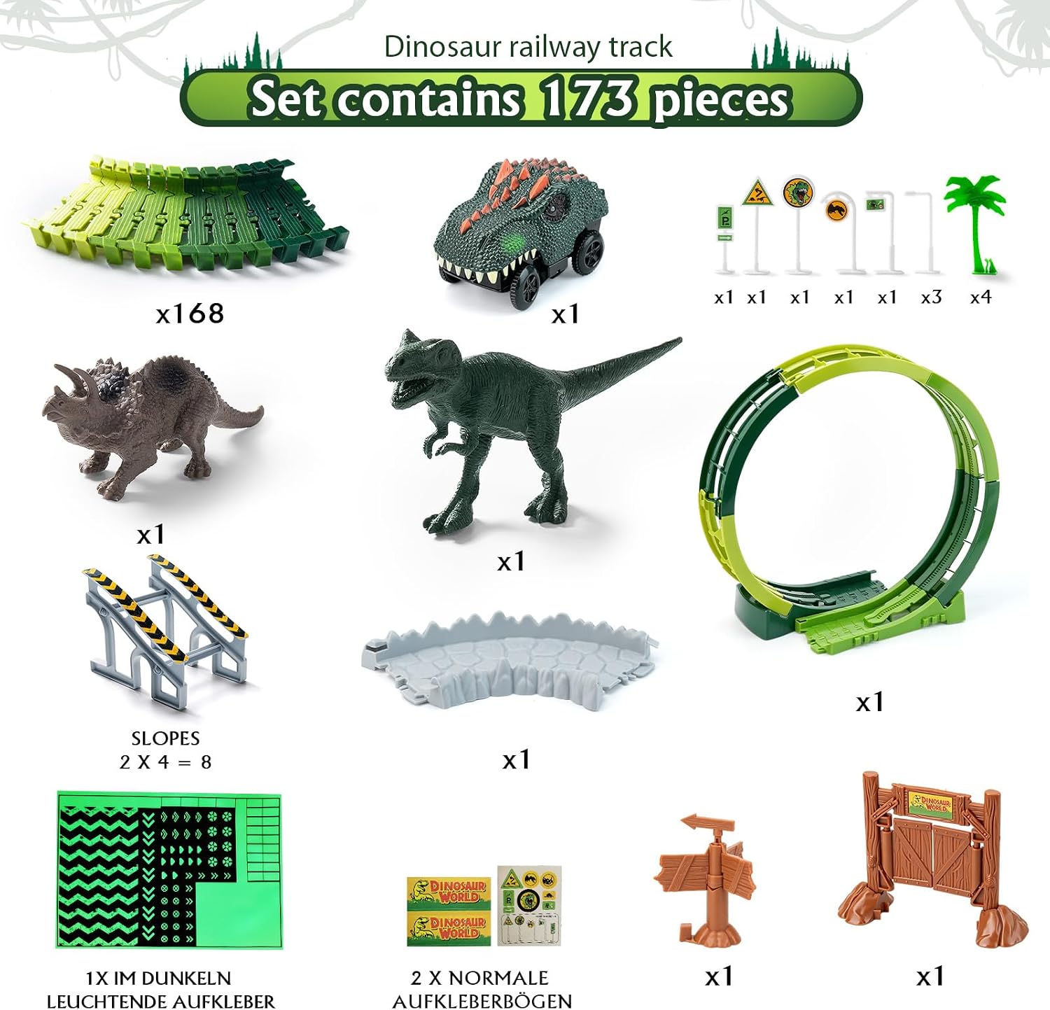 173 PCS Dinosaur Race Tracks for Kids Toys, Glow in The Dark Magic Toy Set with 360° Loop Ramp, 1 Dinosaur Car Track, 2 Realistic Dinosaurs, Flexible DIY Track Set, Gift for Boys Girls Age 3-9