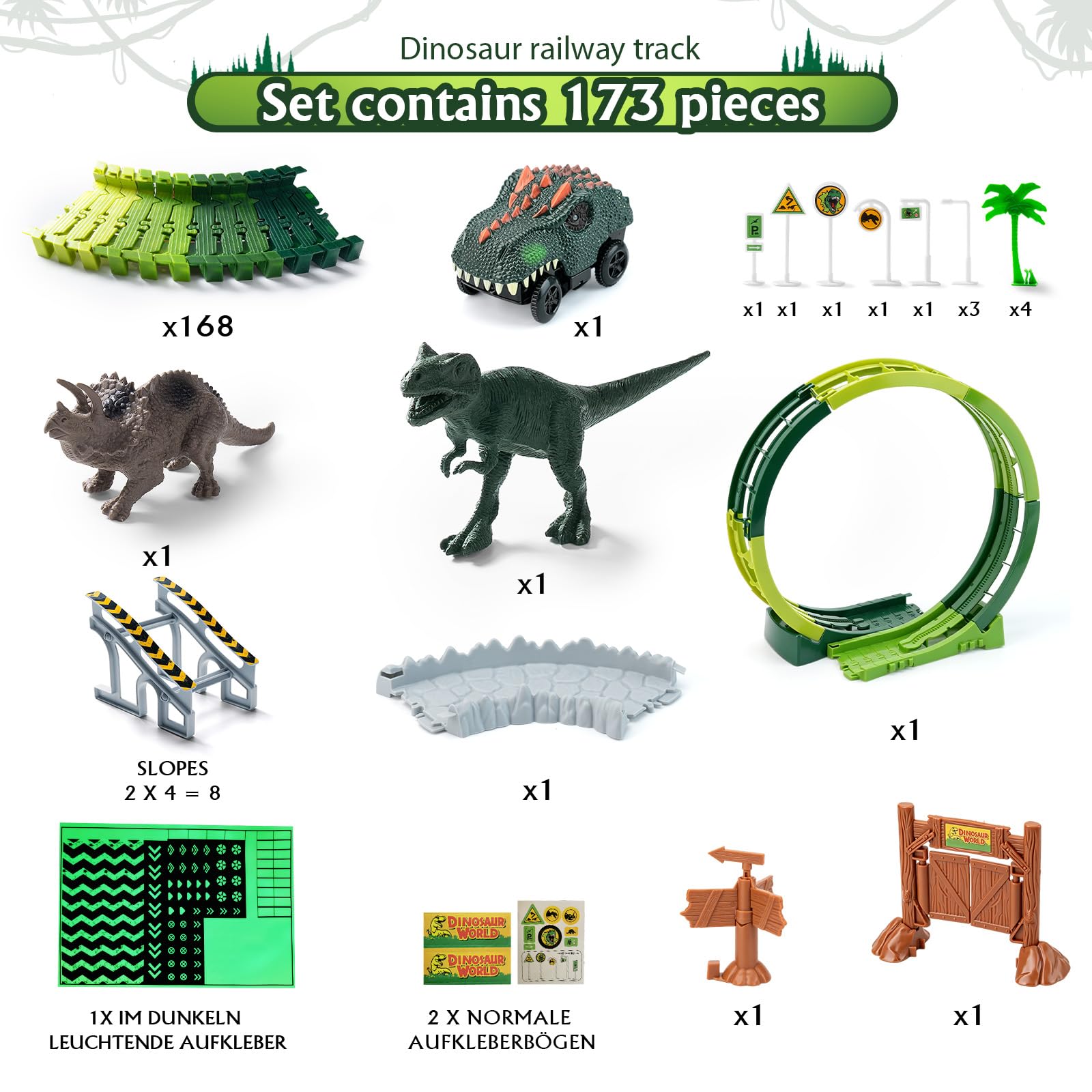 Dinozaury tor samochodowy dla dzieci w wieku od 3, 4, 5, 6 lat, dinozaury, zestaw zabawek dla dzieci, autostrada, pociąg z 2 samochodami, elektryczny tor wyścigowy 360 pętli, tor wyścigowy