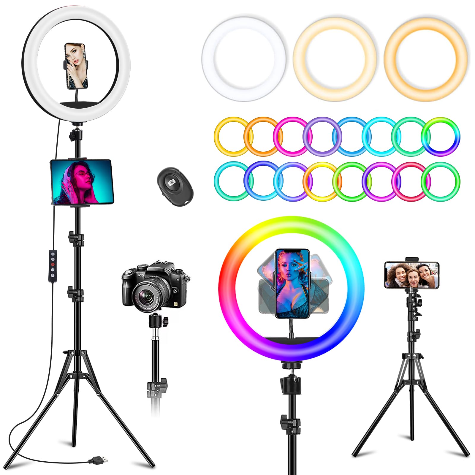 10.3" Ring Light with Tripod and Phone Holder, LED Selfie Ring Light with Tablet Holder, 51 Color Modes Circle Lights with Stand, 12 Dimming Levels, Christmas White Elephant Gifts for TikTok/YouTube